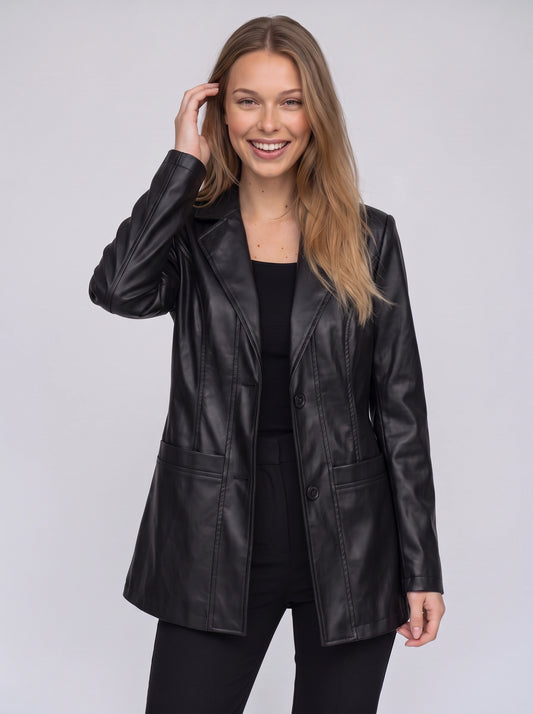 Noctiva Longline Faux Leather Blazer – Women Faux Leather Coat Notch Collar Tailored Outerwear Workwear Office Longline Blazer