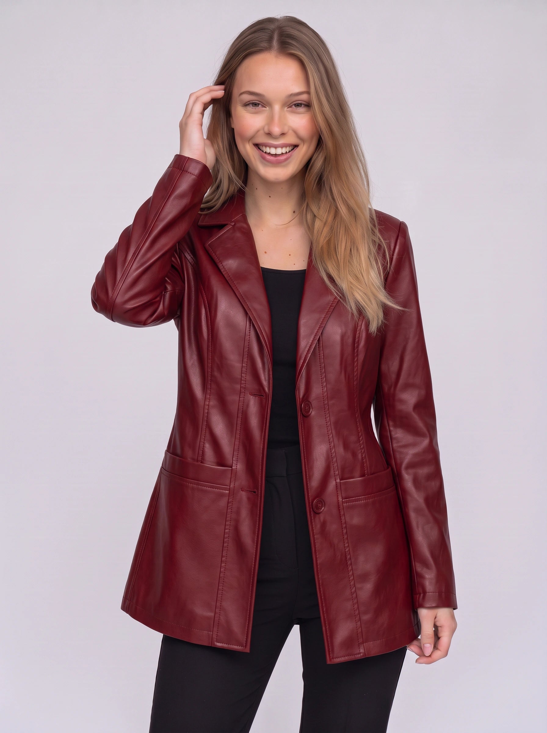 Noctiva Longline Faux Leather Blazer – Women Faux Leather Coat Notch Collar Tailored Outerwear Workwear Office Longline Blazer