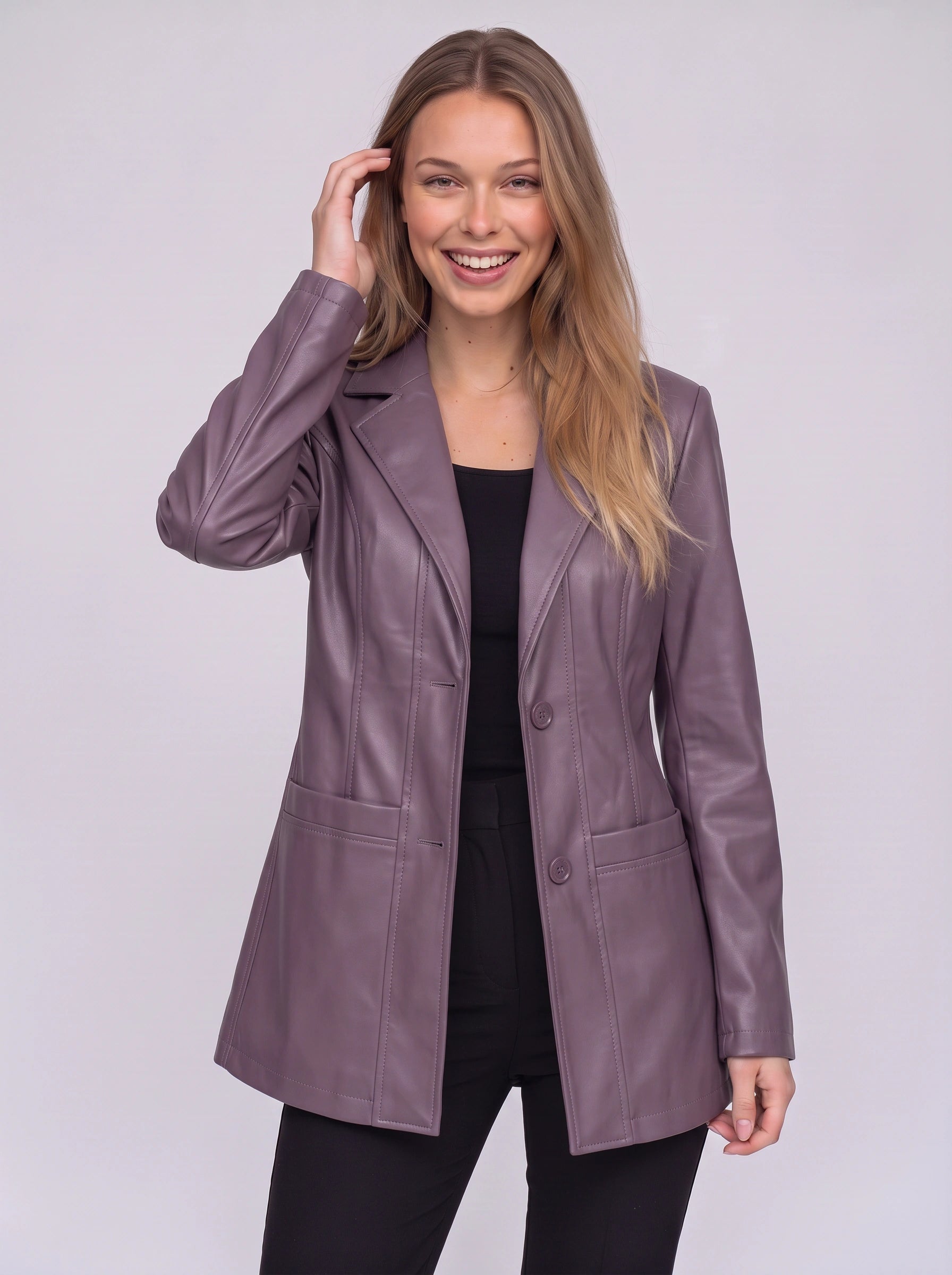 Noctiva Longline Faux Leather Blazer – Women Faux Leather Coat Notch Collar Tailored Outerwear Workwear Office Longline Blazer