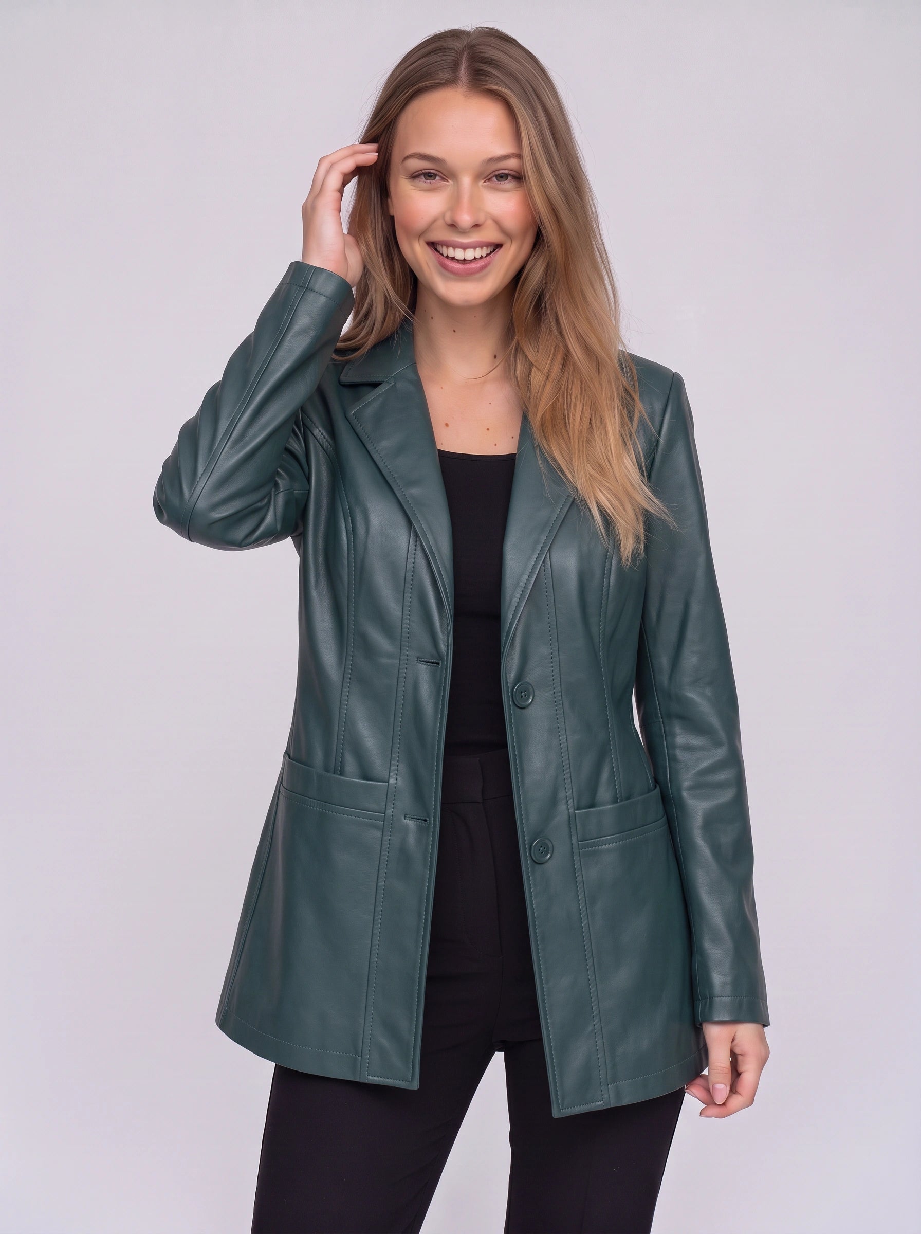 Noctiva Longline Faux Leather Blazer – Women Faux Leather Coat Notch Collar Tailored Outerwear Workwear Office Longline Blazer