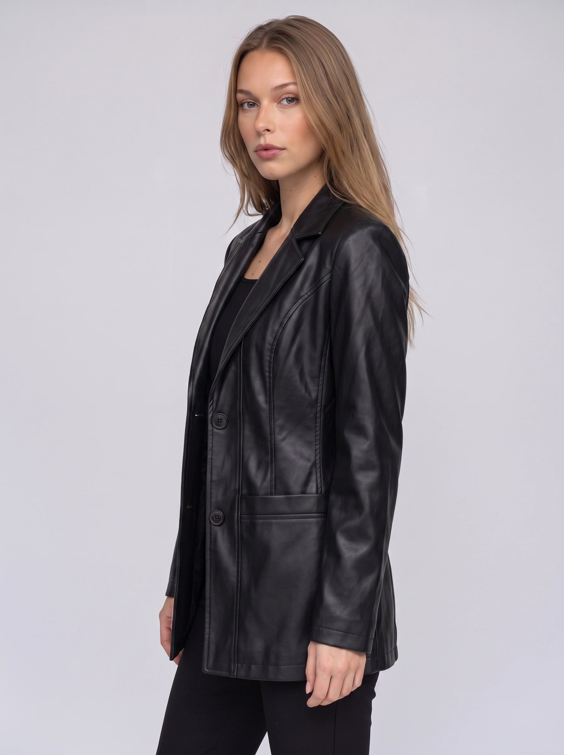 Noctiva Longline Faux Leather Blazer – Women Faux Leather Coat Notch Collar Tailored Outerwear Workwear Office Longline Blazer