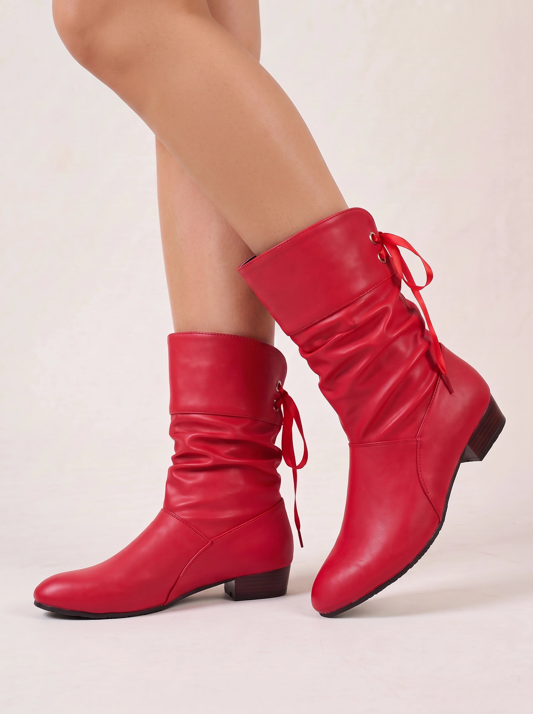 Ruschette Mid-Calf Slouch Boots – Faux Leather Ruched Bow Tie Back Lace-Up Block Heel Women Boots