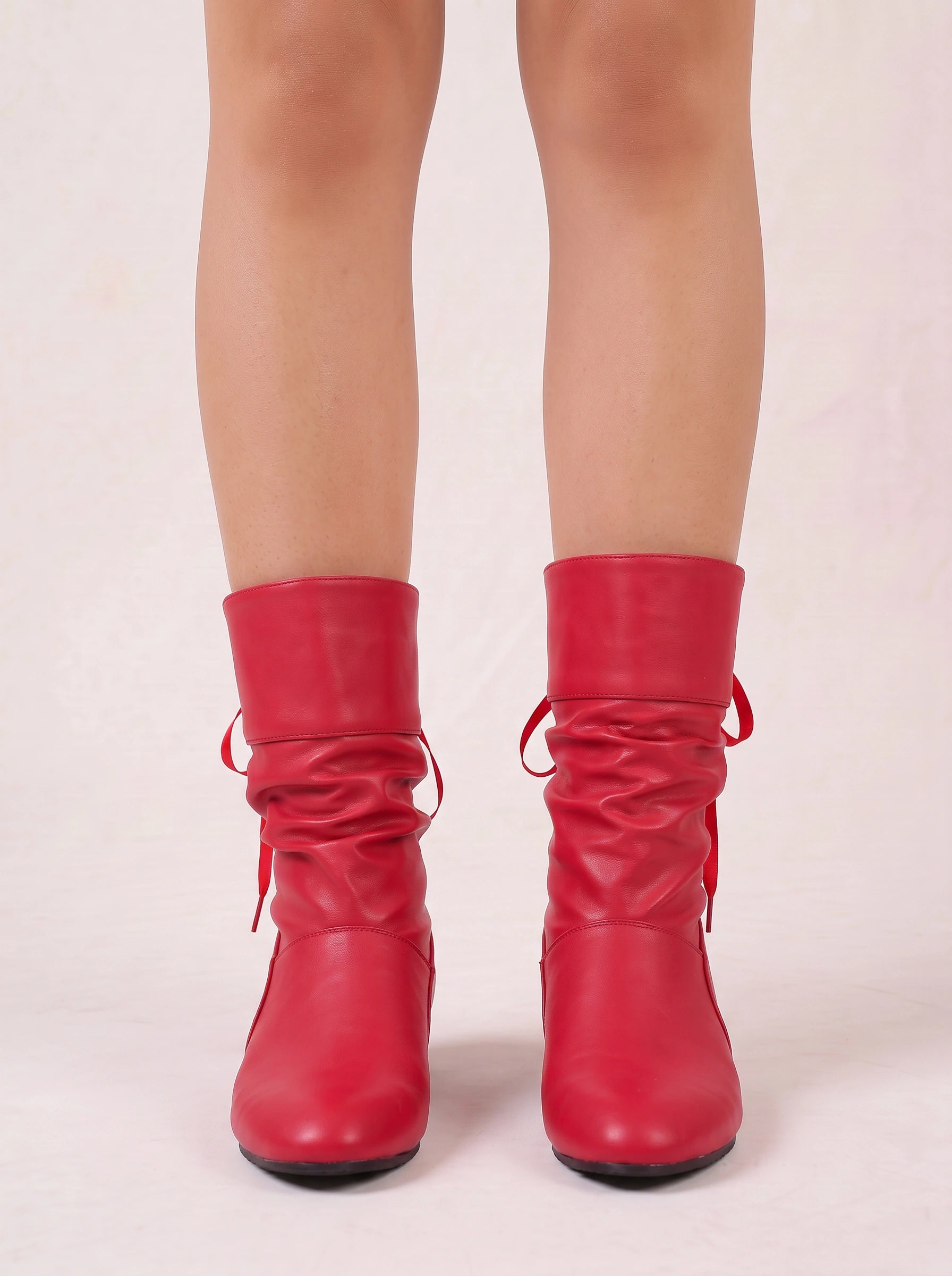 Ruschette Mid-Calf Slouch Boots – Faux Leather Ruched Bow Tie Back Lace-Up Block Heel Women Boots