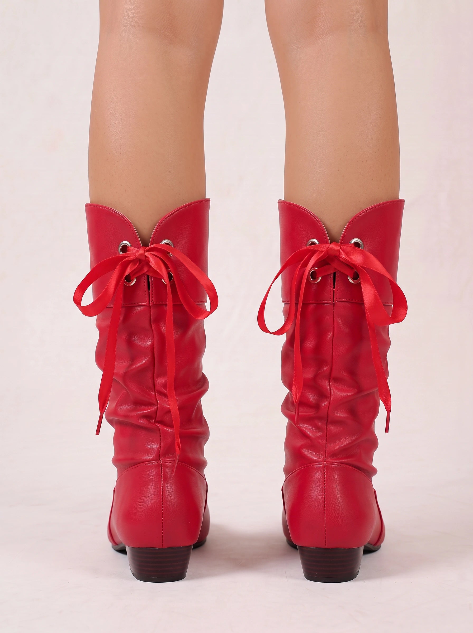 Ruschette Mid-Calf Slouch Boots – Faux Leather Ruched Bow Tie Back Lace-Up Block Heel Women Boots