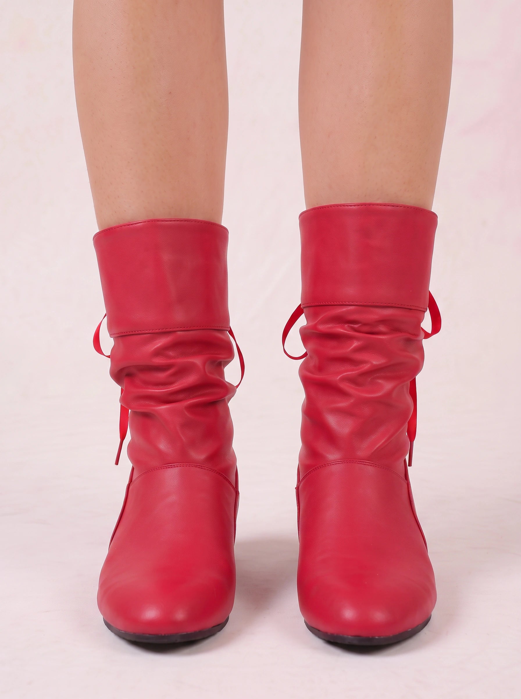Ruschette Mid-Calf Slouch Boots – Faux Leather Ruched Bow Tie Back Lace-Up Block Heel Women Boots