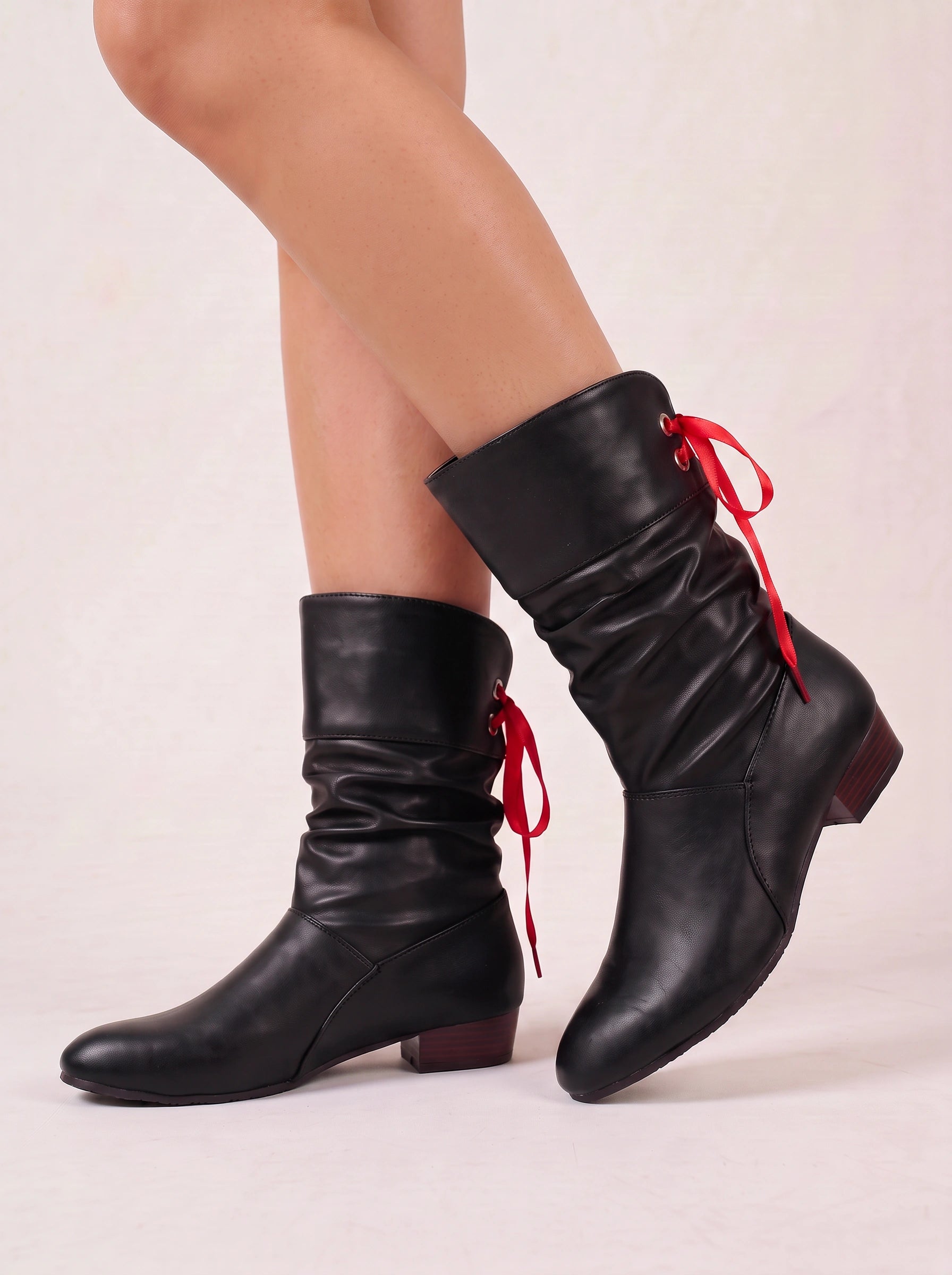 Ruschette Mid-Calf Slouch Boots – Faux Leather Ruched Bow Tie Back Lace-Up Block Heel Women Boots