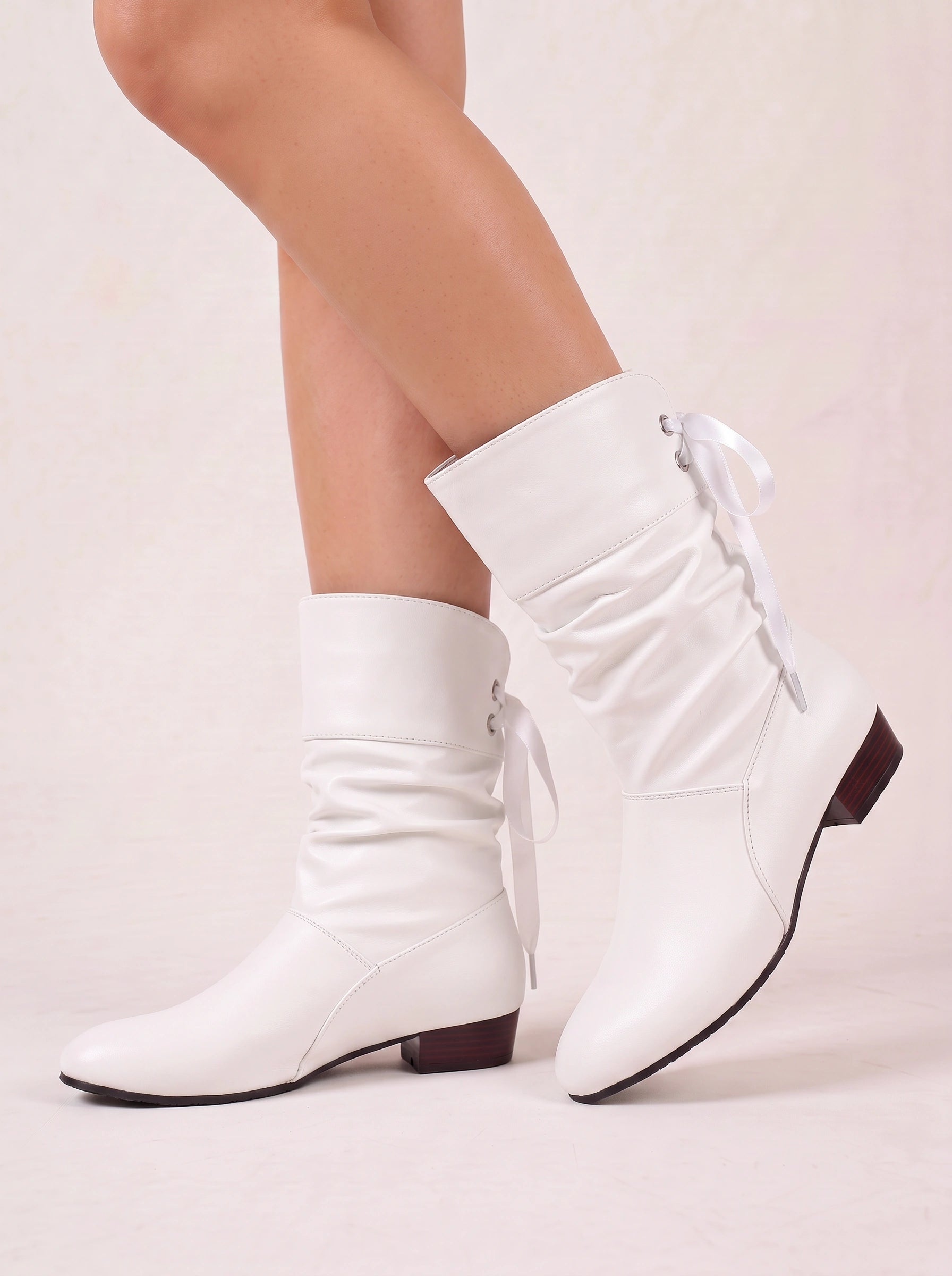 Ruschette Mid-Calf Slouch Boots – Faux Leather Ruched Bow Tie Back Lace-Up Block Heel Women Boots