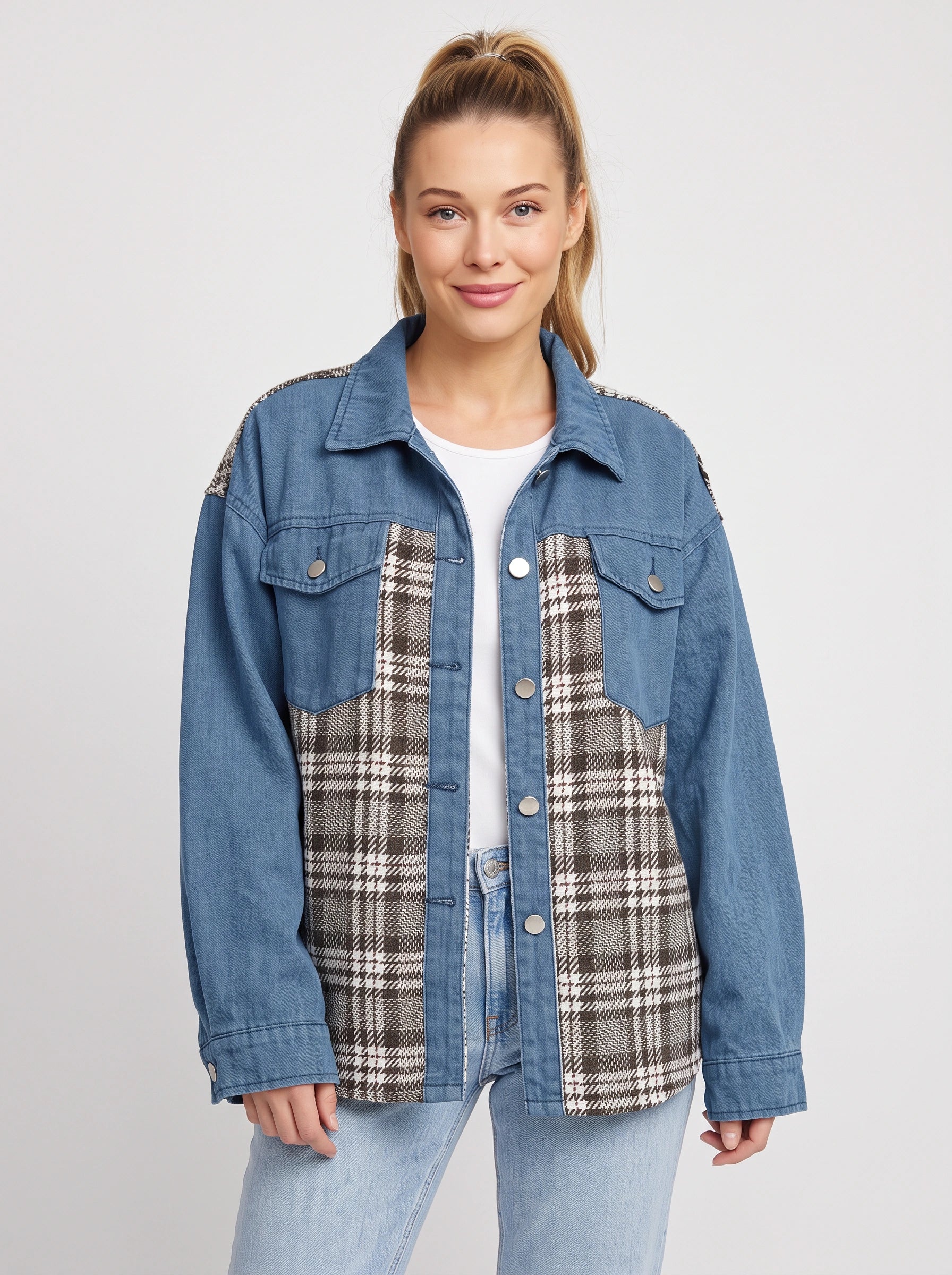 Tarsco Oversized Denim Plaid Shacket – Women Checkered Jean Jacket Casual Streetwear Button-Up Shacket
