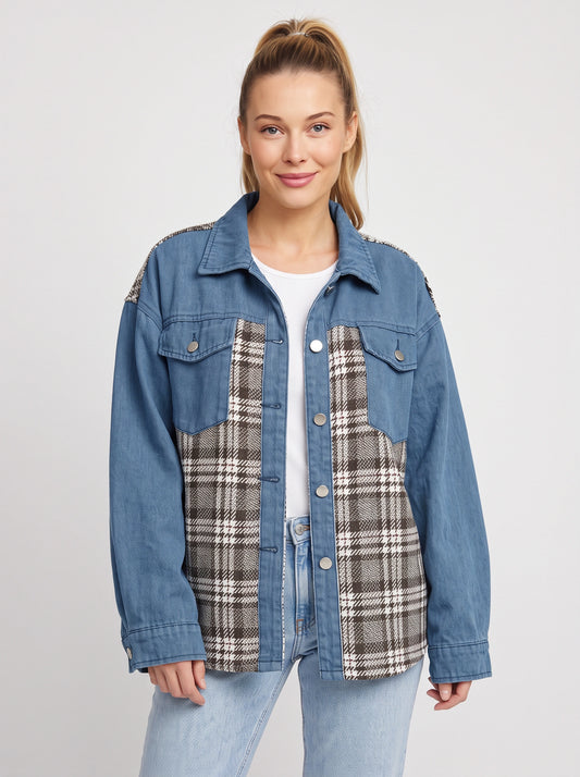 Tarsco Oversized Denim Plaid Shacket – Women Checkered Jean Jacket Casual Streetwear Button-Up Shacket