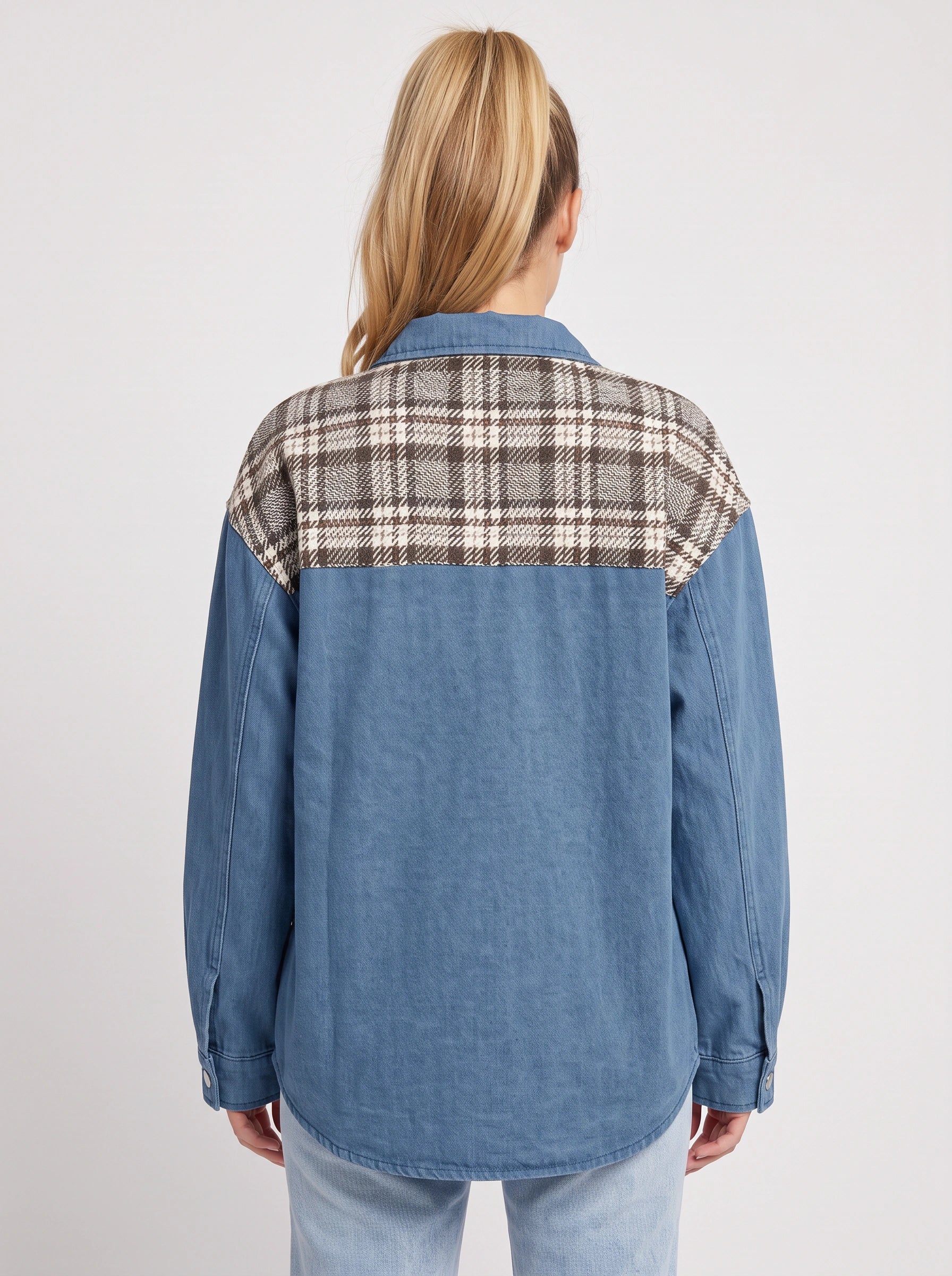 Tarsco Oversized Denim Plaid Shacket – Women Checkered Jean Jacket Casual Streetwear Button-Up Shacket