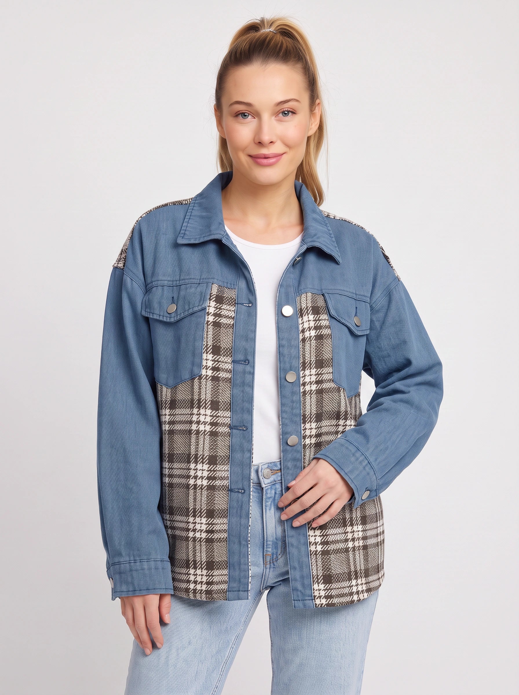 Tarsco Oversized Denim Plaid Shacket – Women Checkered Jean Jacket Casual Streetwear Button-Up Shacket