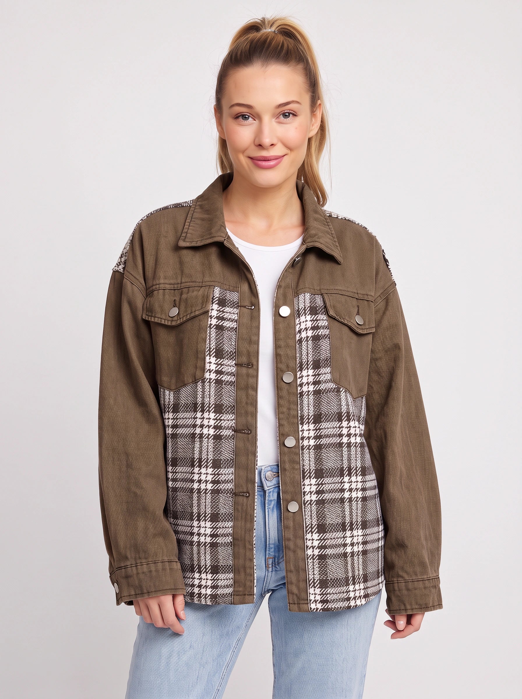 Tarsco Oversized Denim Plaid Shacket – Women Checkered Jean Jacket Casual Streetwear Button-Up Shacket