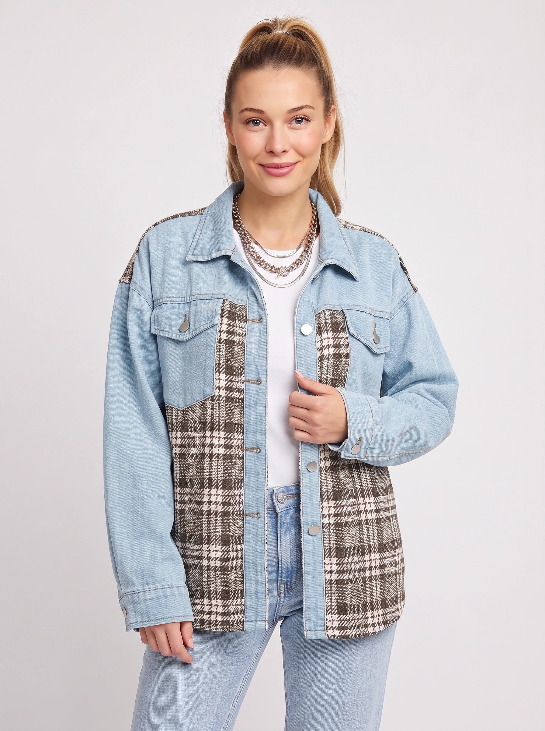 Tarsco Oversized Denim Plaid Shacket – Women Checkered Jean Jacket Casual Streetwear Button-Up Shacket