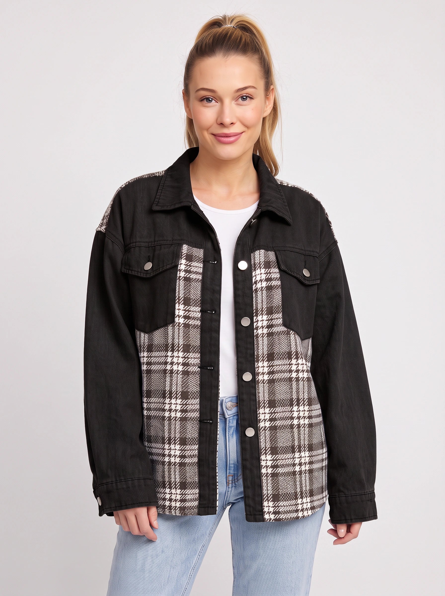 Tarsco Oversized Denim Plaid Shacket – Women Checkered Jean Jacket Casual Streetwear Button-Up Shacket