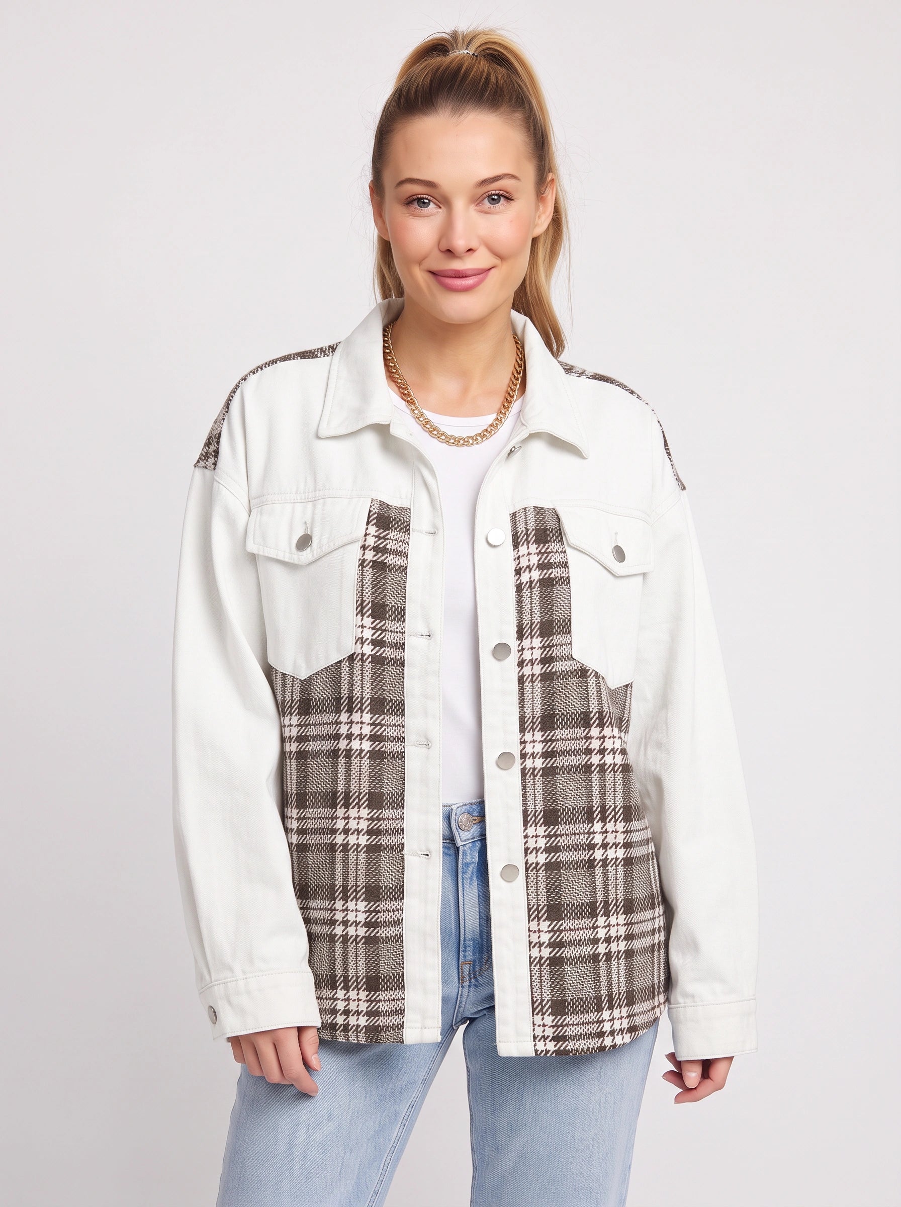 Tarsco Oversized Denim Plaid Shacket – Women Checkered Jean Jacket Casual Streetwear Button-Up Shacket