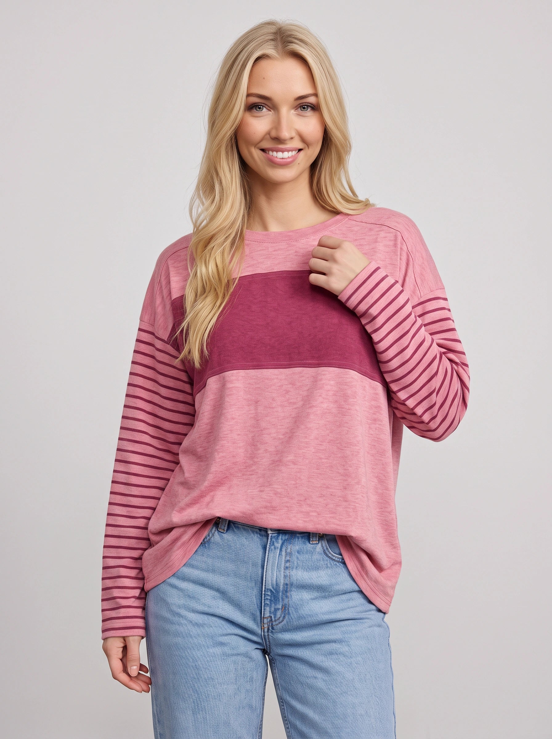 Triblock Colorblock Striped Long Sleeve Top – Relaxed Fit Women Casual Loungewear Oversized Long Sleeve Top