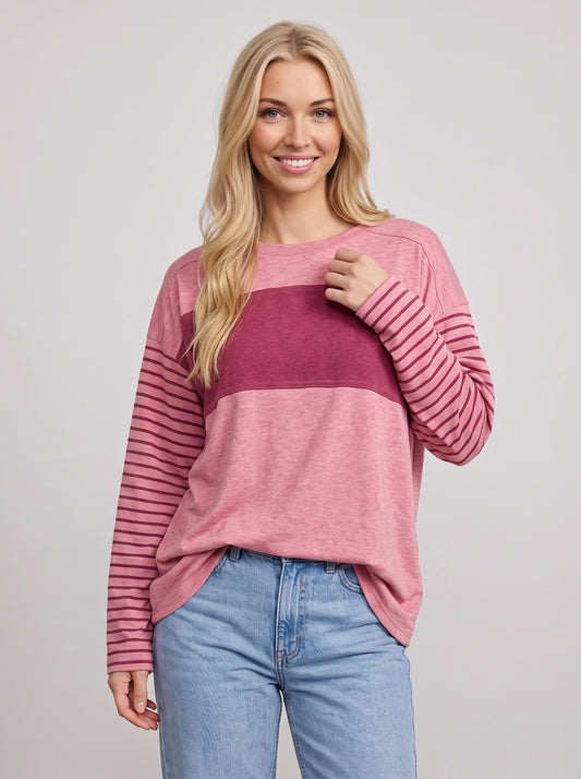 Triblock Colorblock Striped Long Sleeve Top – Relaxed Fit Women Casual Loungewear Oversized Long Sleeve Top
