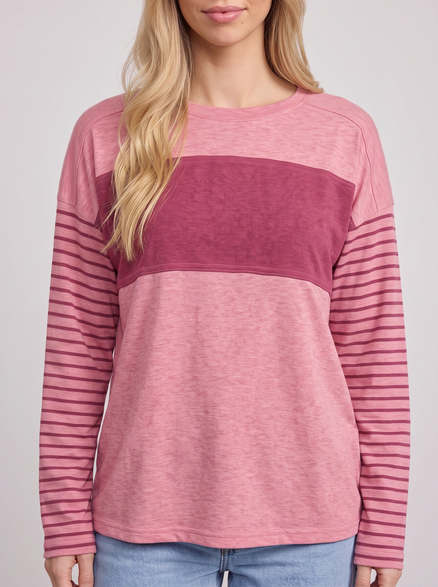 Triblock Colorblock Striped Long Sleeve Top – Relaxed Fit Women Casual Loungewear Oversized Long Sleeve Top