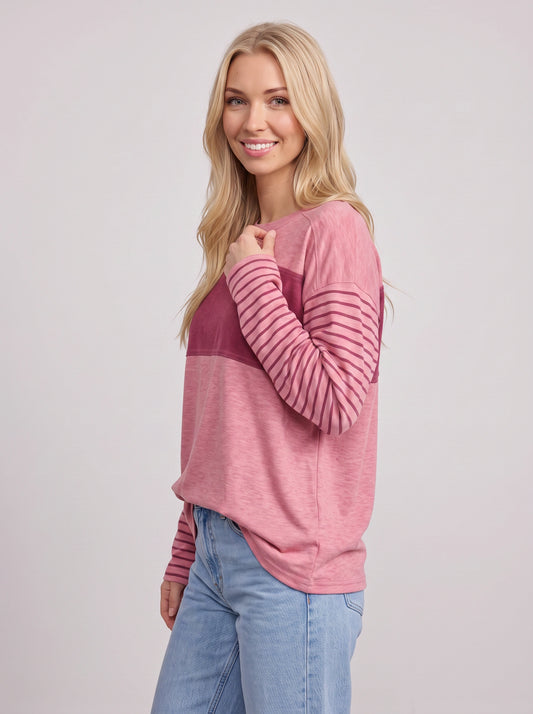 Triblock Colorblock Striped Long Sleeve Top – Relaxed Fit Women Casual Loungewear Oversized Long Sleeve Top