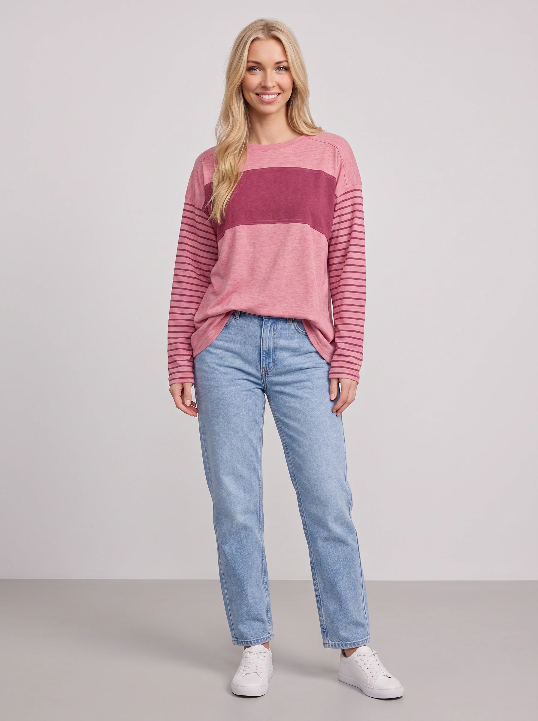 Triblock Colorblock Striped Long Sleeve Top – Relaxed Fit Women Casual Loungewear Oversized Long Sleeve Top