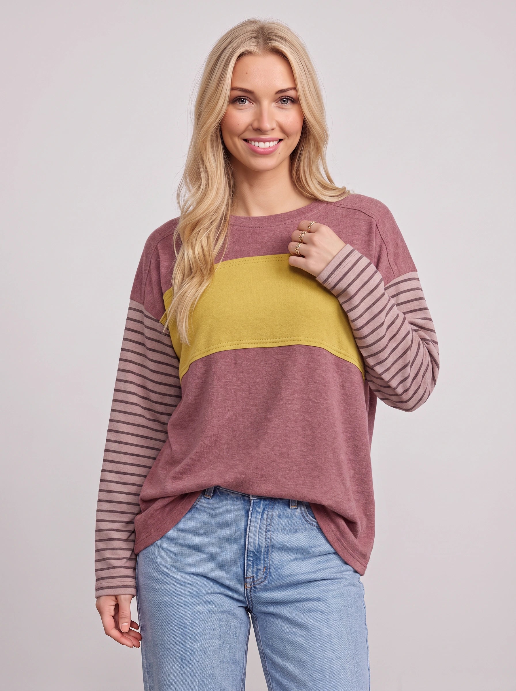 Triblock Colorblock Striped Long Sleeve Top – Relaxed Fit Women Casual Loungewear Oversized Long Sleeve Top