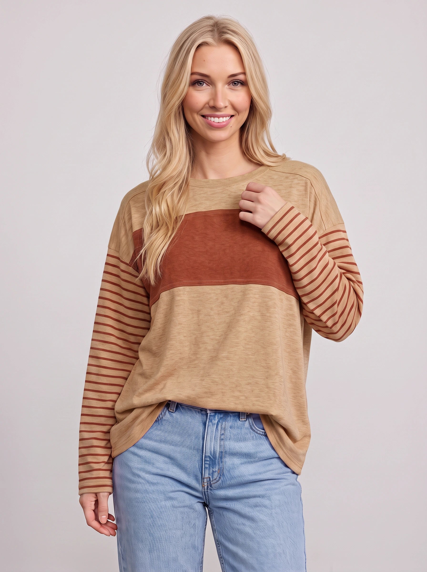 Triblock Colorblock Striped Long Sleeve Top – Relaxed Fit Women Casual Loungewear Oversized Long Sleeve Top