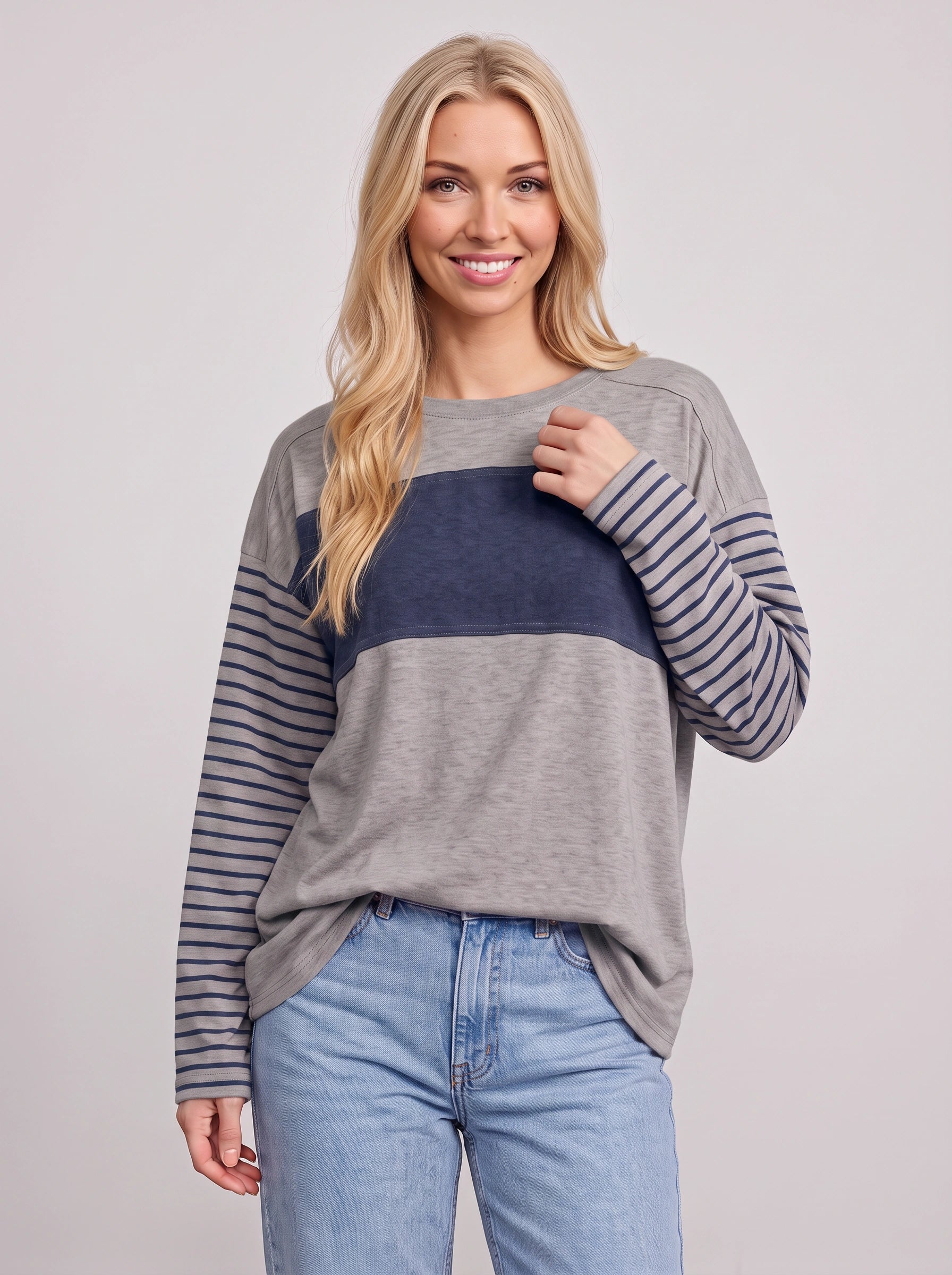 Triblock Colorblock Striped Long Sleeve Top – Relaxed Fit Women Casual Loungewear Oversized Long Sleeve Top