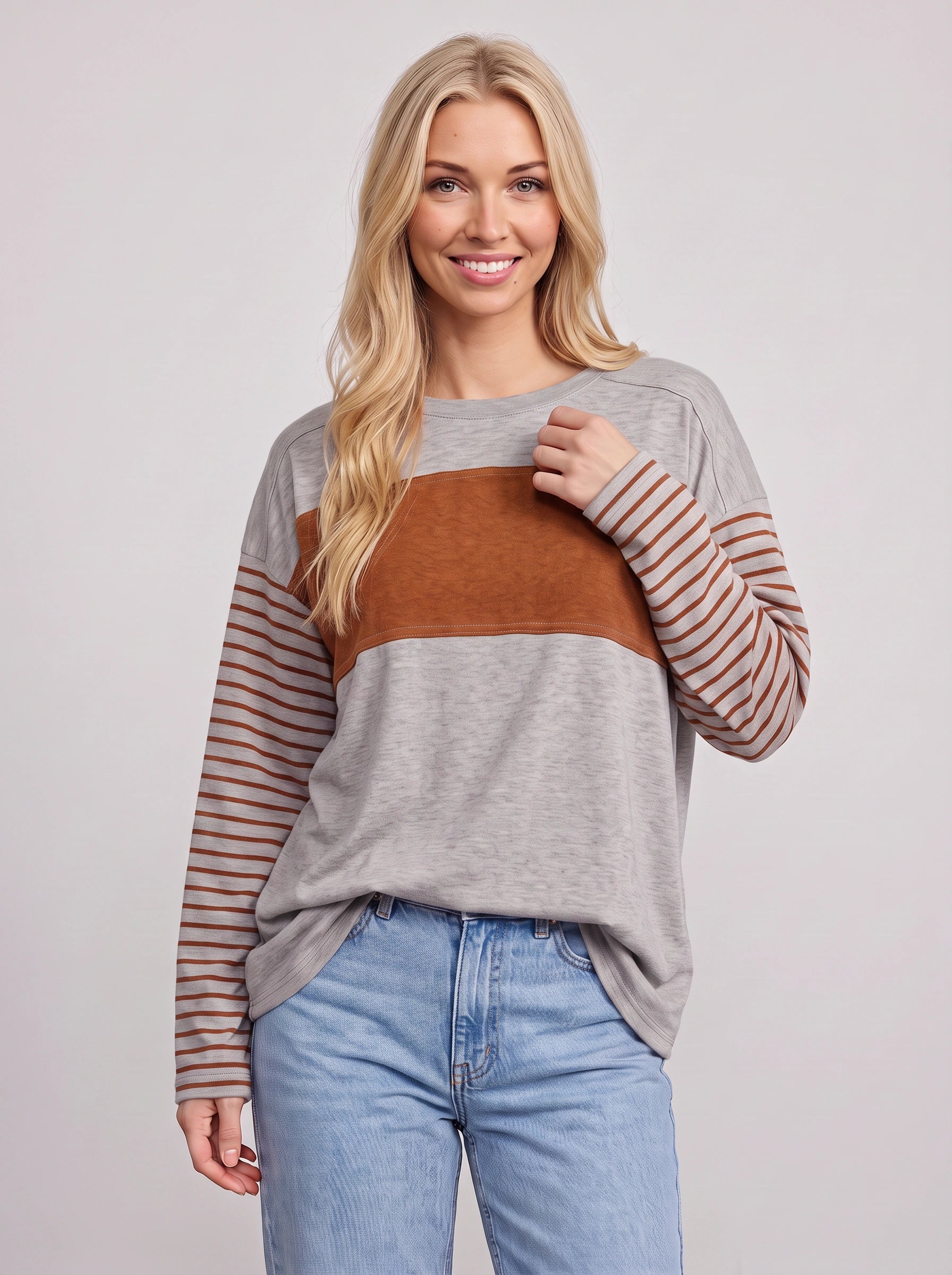 Triblock Colorblock Striped Long Sleeve Top – Relaxed Fit Women Casual Loungewear Oversized Long Sleeve Top