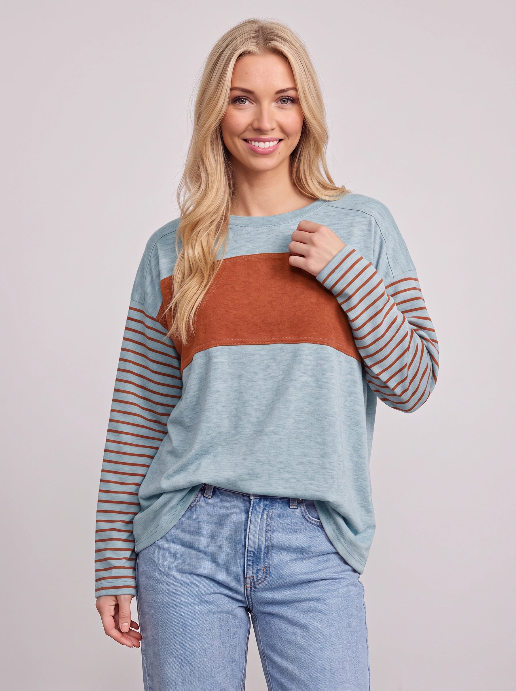 Triblock Colorblock Striped Long Sleeve Top – Relaxed Fit Women Casual Loungewear Oversized Long Sleeve Top