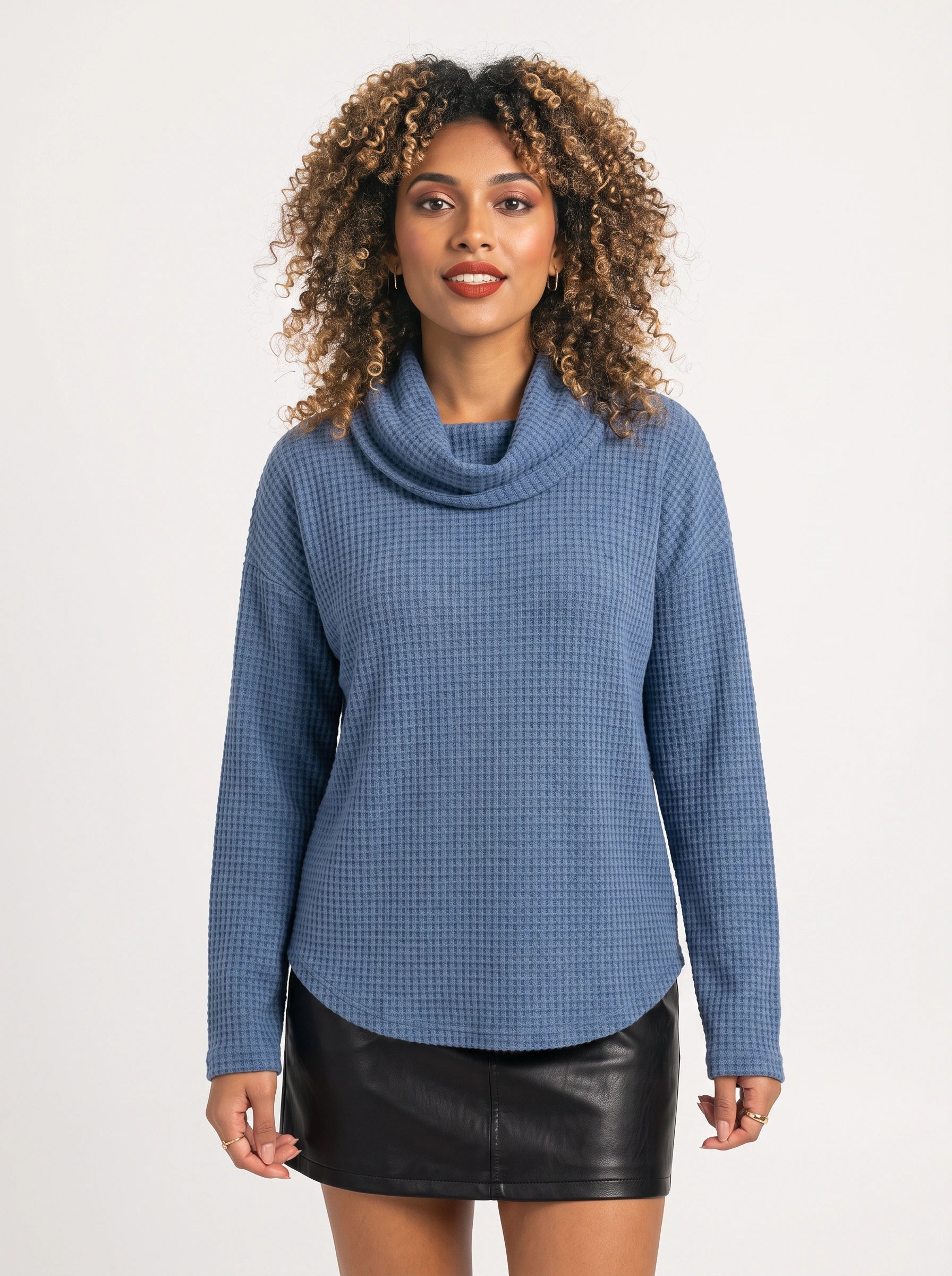 Waflyn Cowl Neck Waffle Knit Top – Women Casual Oversized Long Sleeve Sweater Lounge Relaxed Fit Top