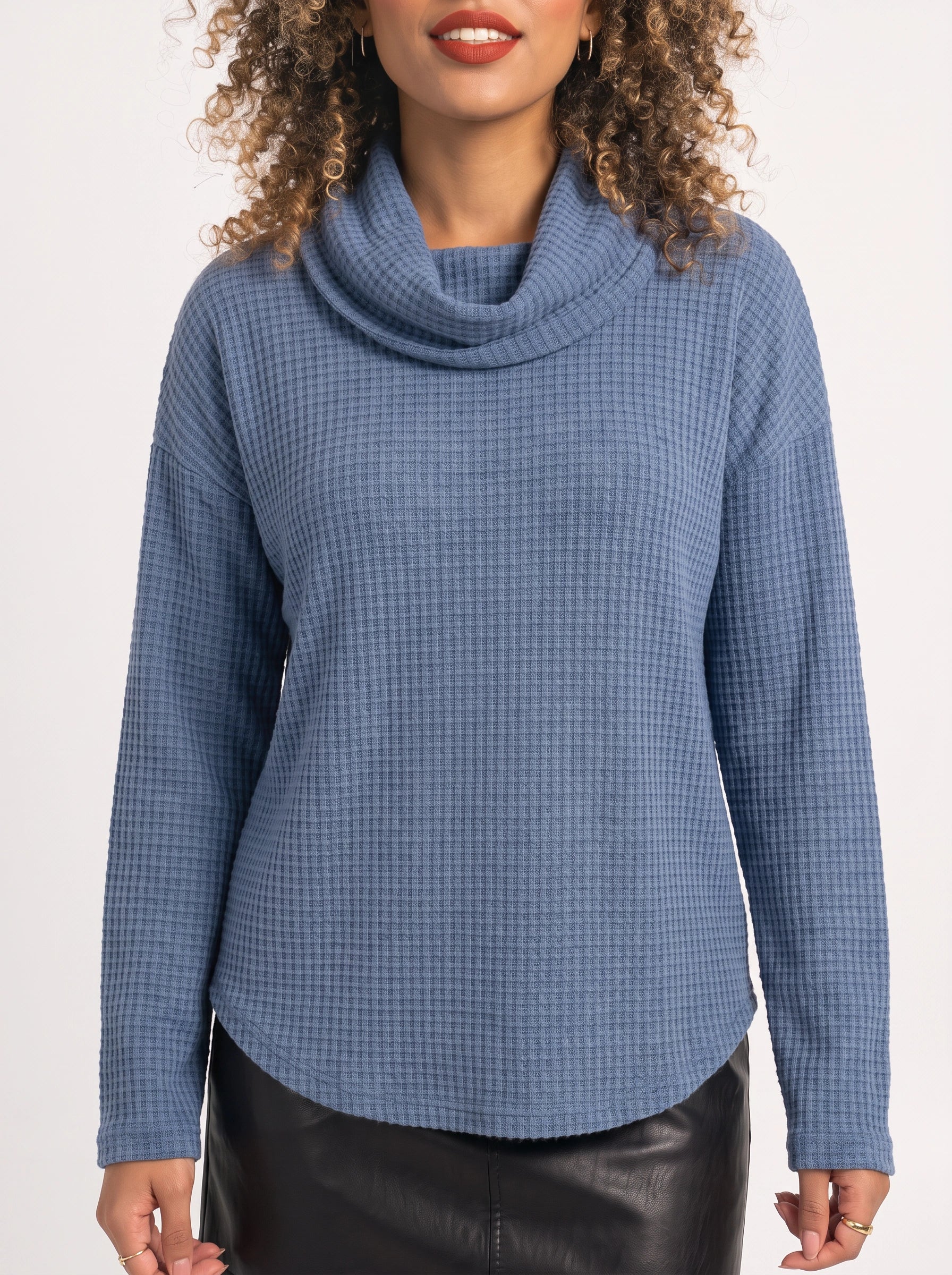 Waflyn Cowl Neck Waffle Knit Top – Women Casual Oversized Long Sleeve Sweater Lounge Relaxed Fit Top
