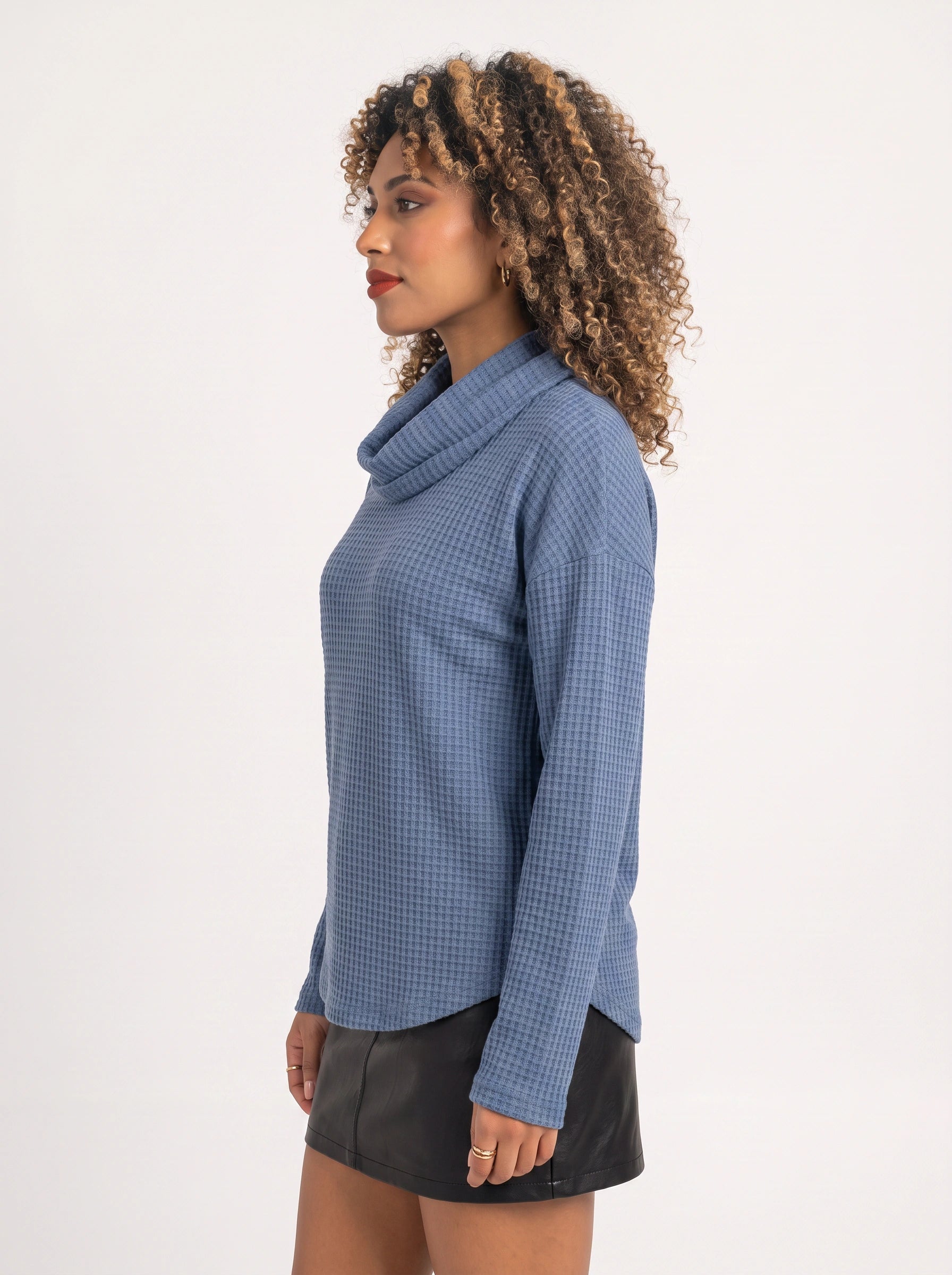 Waflyn Cowl Neck Waffle Knit Top – Women Casual Oversized Long Sleeve Sweater Lounge Relaxed Fit Top