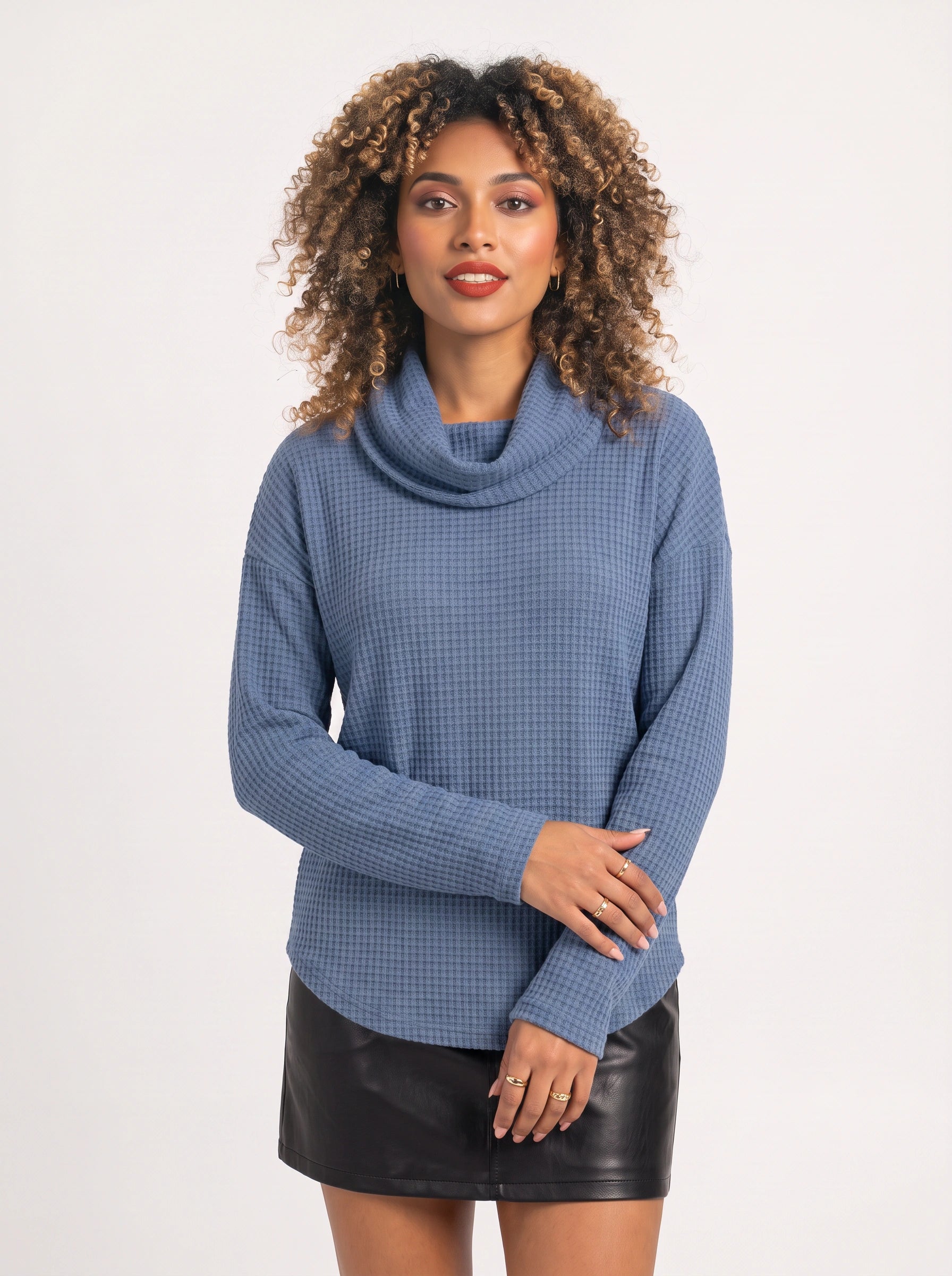 Waflyn Cowl Neck Waffle Knit Top – Women Casual Oversized Long Sleeve Sweater Lounge Relaxed Fit Top