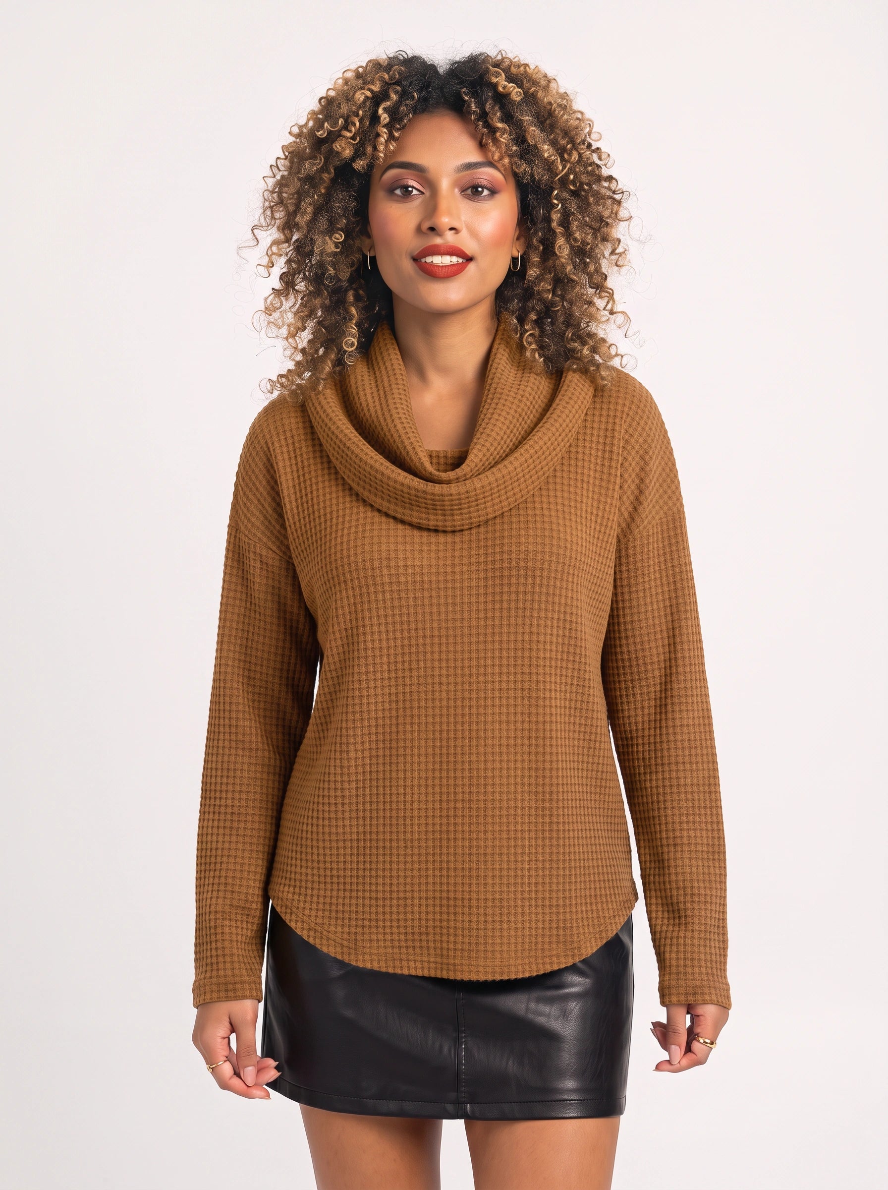 Waflyn Cowl Neck Waffle Knit Top – Women Casual Oversized Long Sleeve Sweater Lounge Relaxed Fit Top