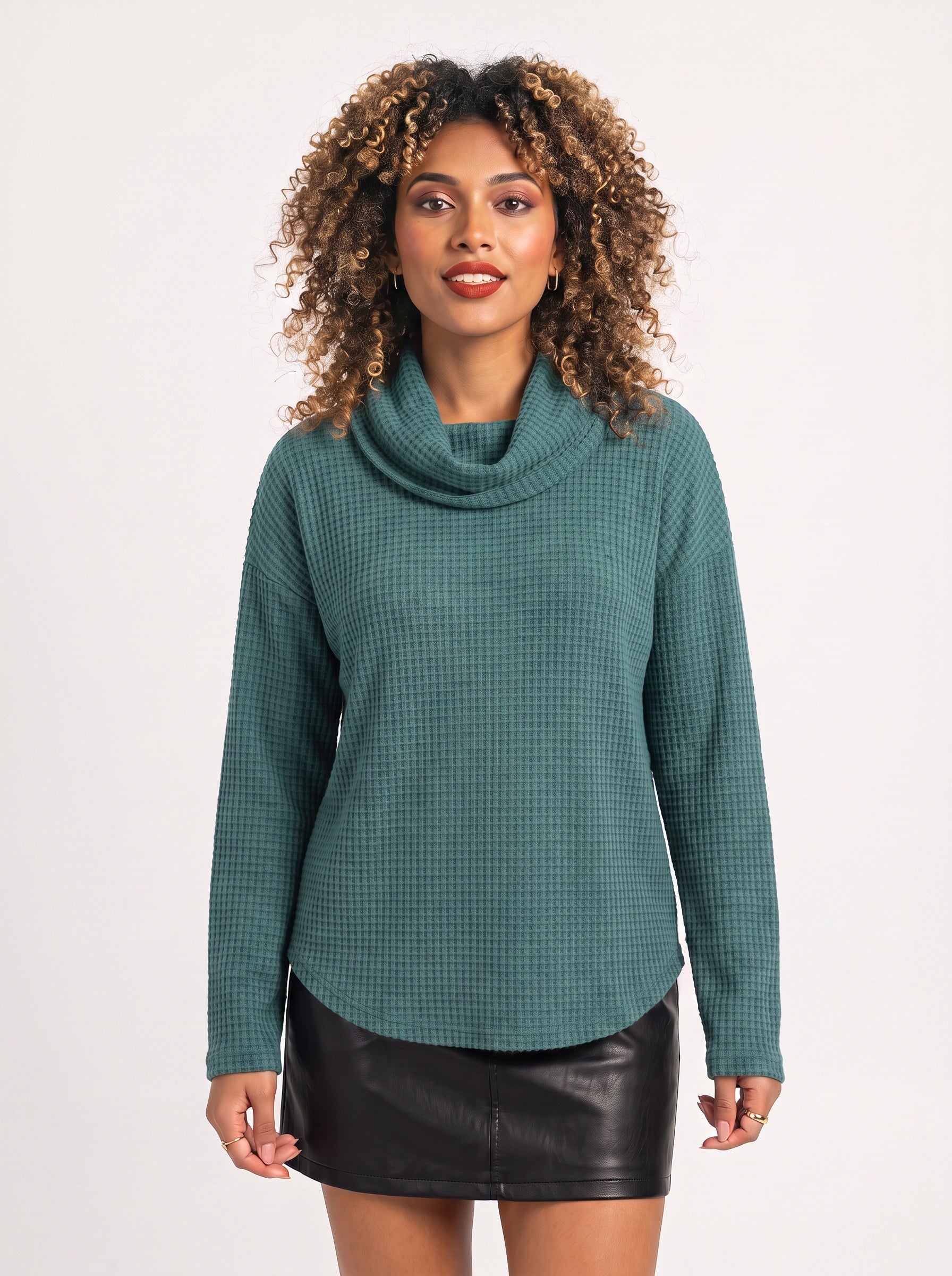 Waflyn Cowl Neck Waffle Knit Top – Women Casual Oversized Long Sleeve Sweater Lounge Relaxed Fit Top
