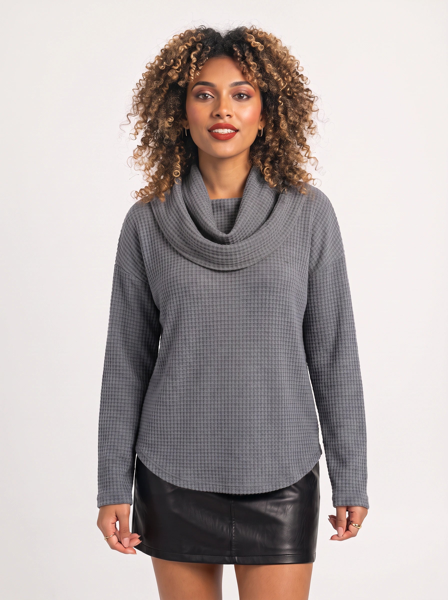 Waflyn Cowl Neck Waffle Knit Top – Women Casual Oversized Long Sleeve Sweater Lounge Relaxed Fit Top