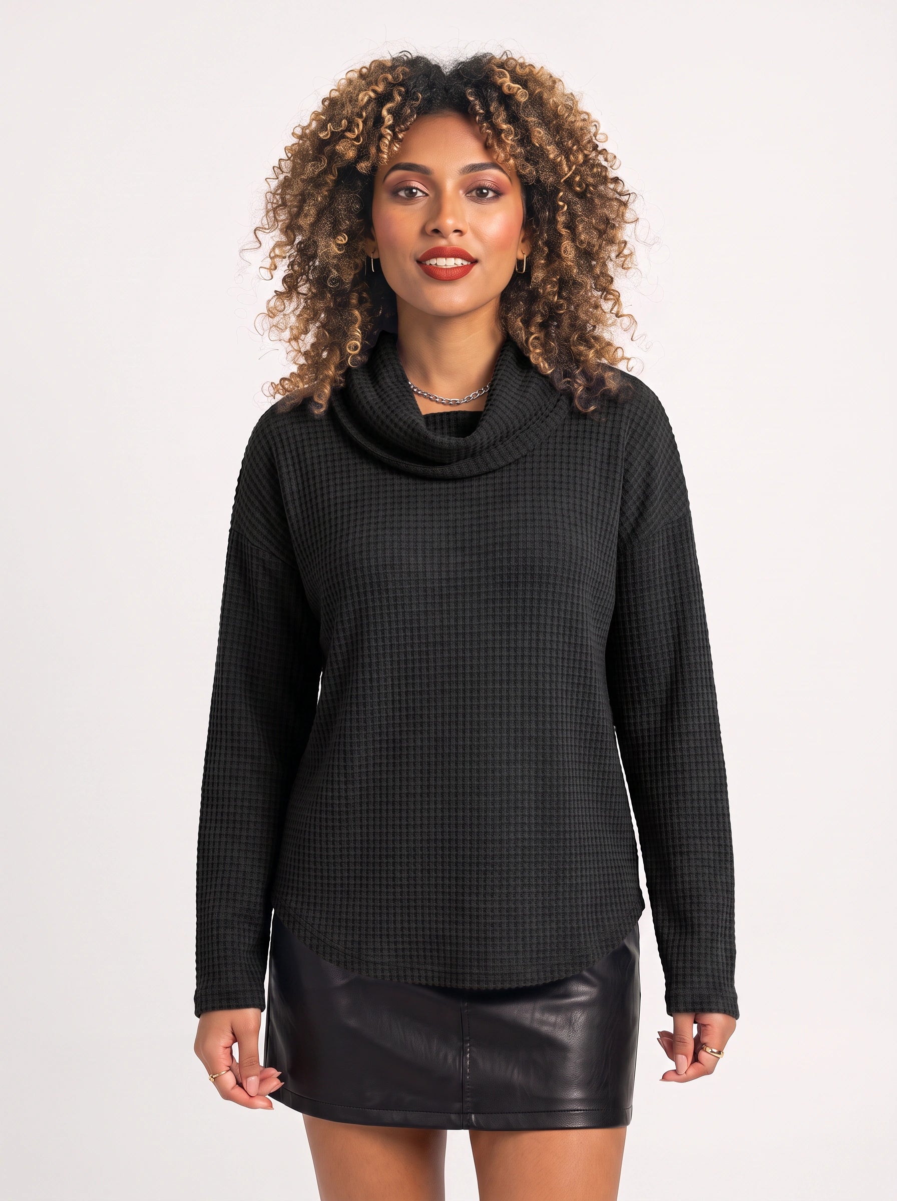 Waflyn Cowl Neck Waffle Knit Top – Women Casual Oversized Long Sleeve Sweater Lounge Relaxed Fit Top