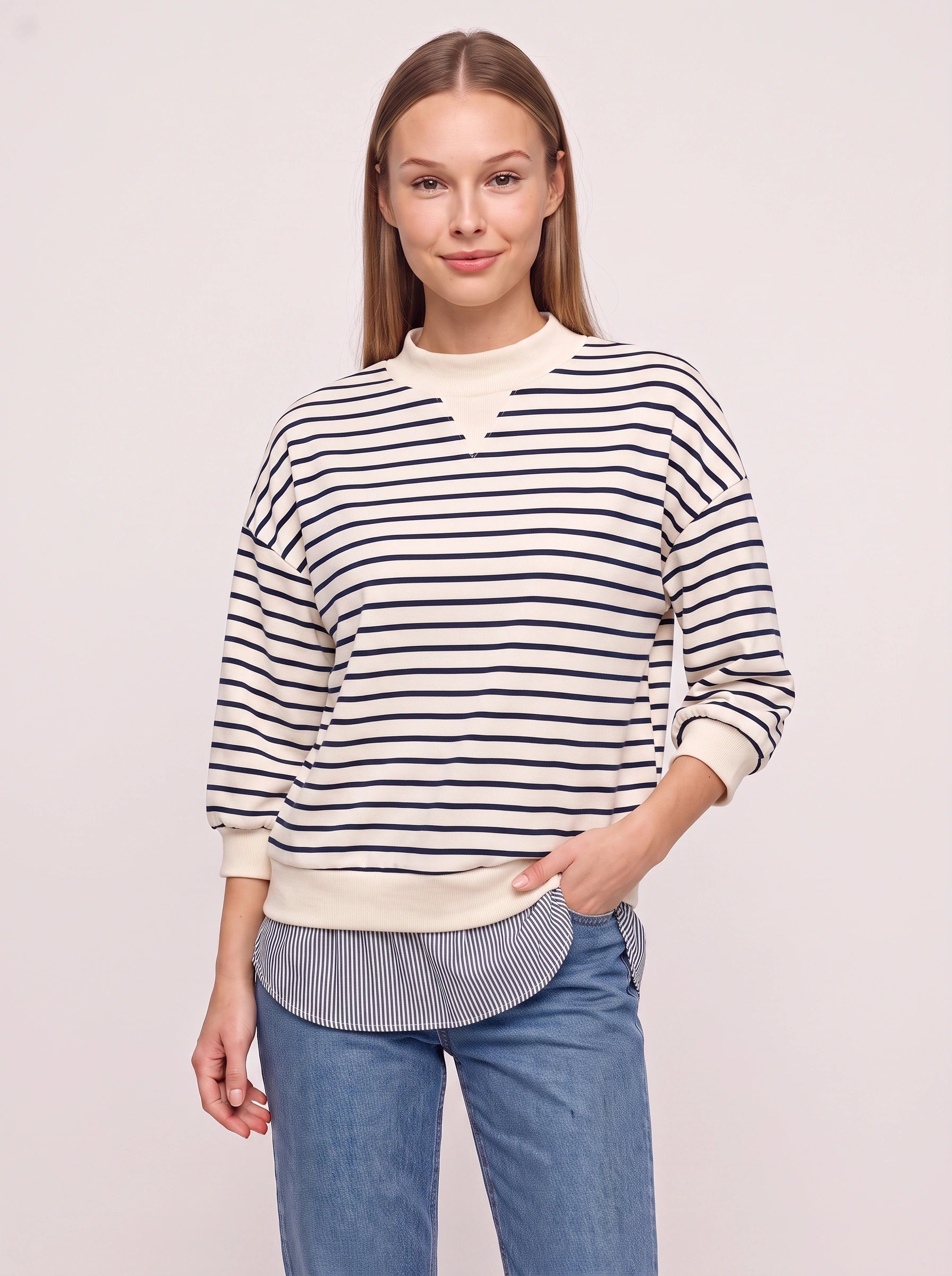 Marinesse Oversized Striped Sweatshirt – Mock Neck Layered Shirt Hem Women Casual Knit Long Sleeve Top