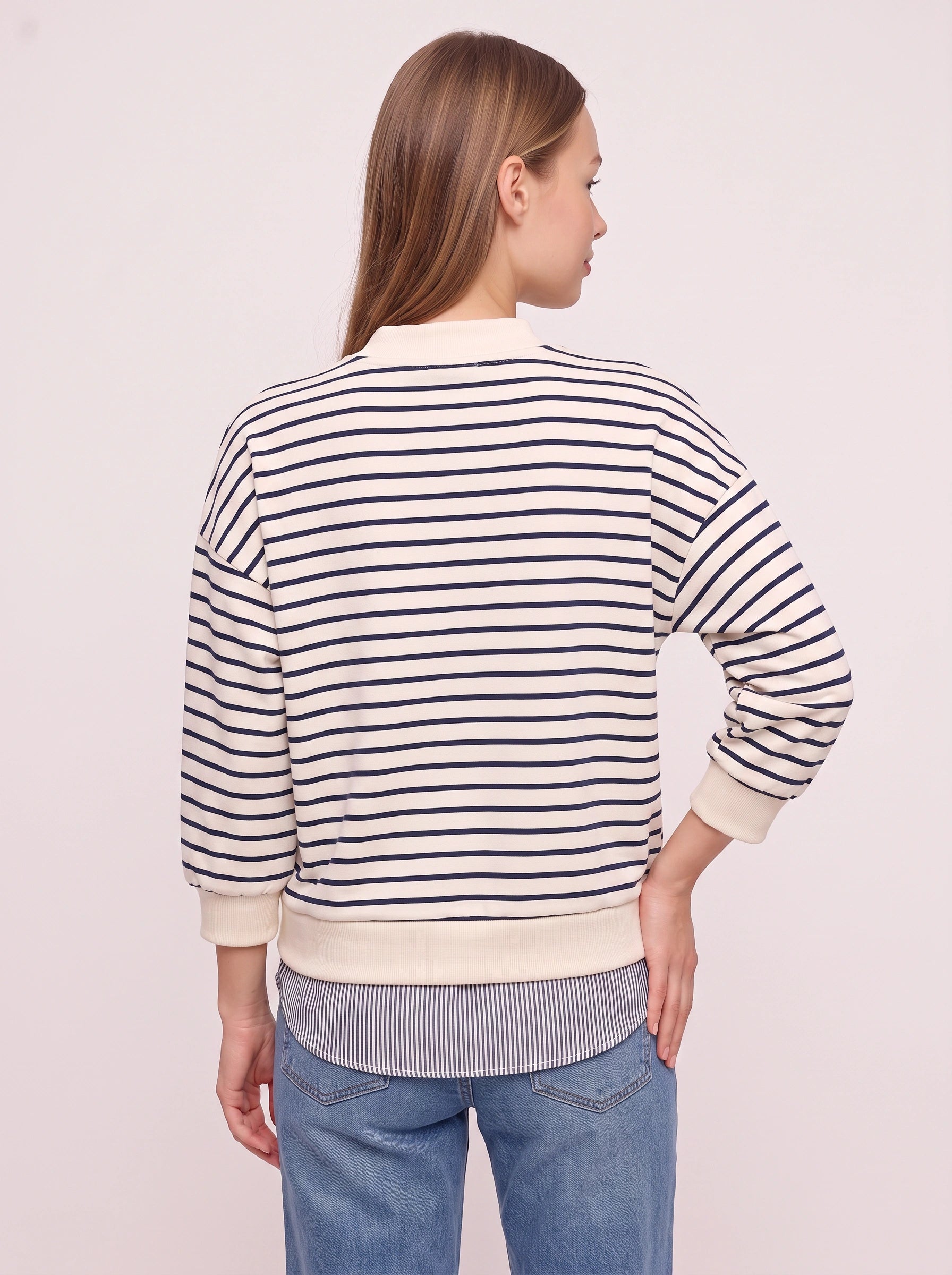 Marinesse Oversized Striped Sweatshirt – Mock Neck Layered Shirt Hem Women Casual Knit Long Sleeve Top