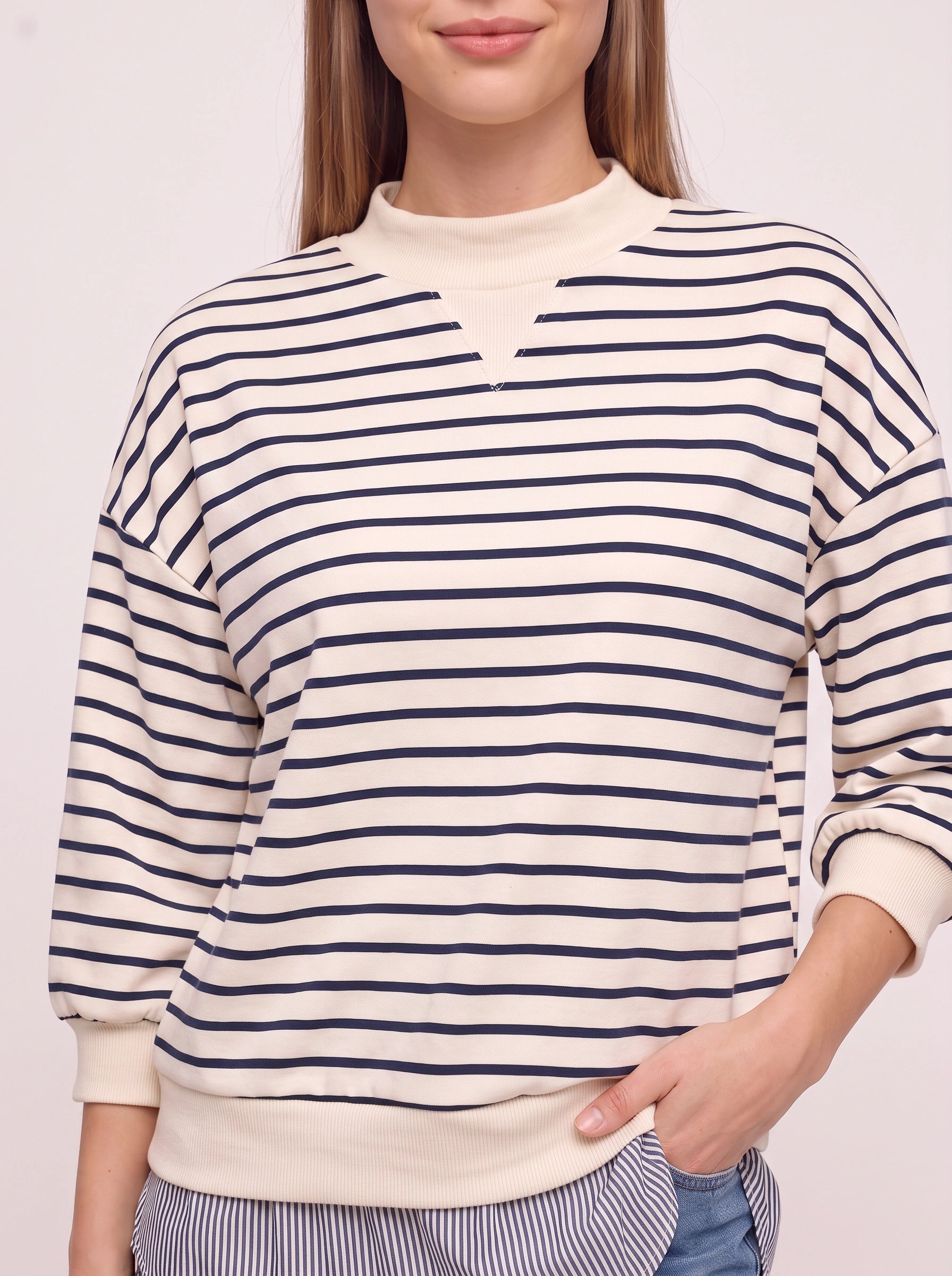 Marinesse Oversized Striped Sweatshirt – Mock Neck Layered Shirt Hem Women Casual Knit Long Sleeve Top