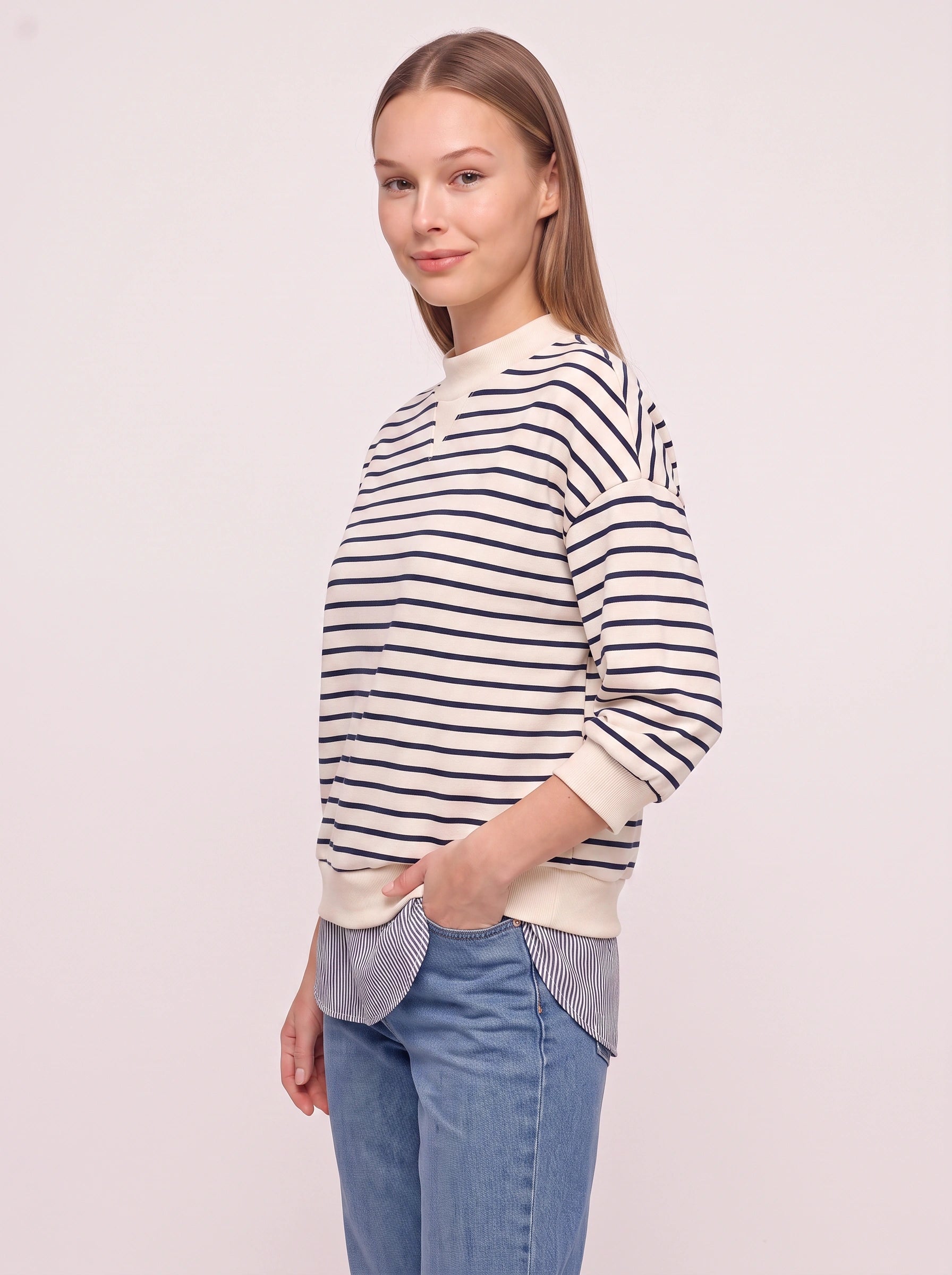 Marinesse Oversized Striped Sweatshirt – Mock Neck Layered Shirt Hem Women Casual Knit Long Sleeve Top