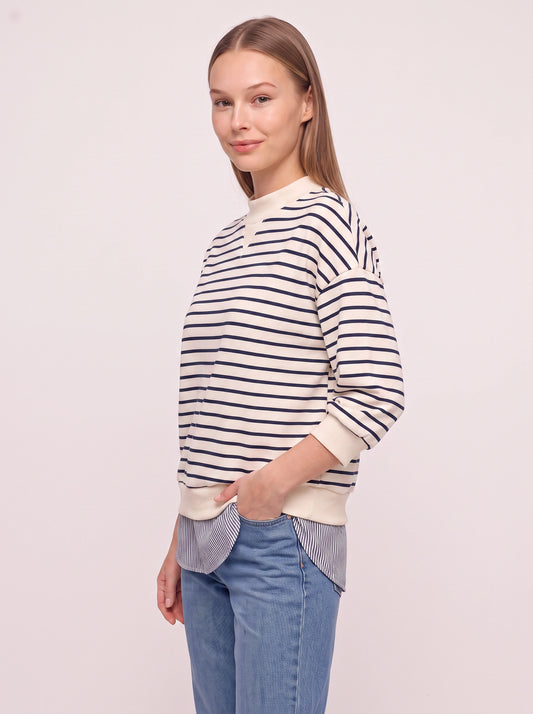 Marinesse Oversized Striped Sweatshirt – Mock Neck Layered Shirt Hem Women Casual Knit Long Sleeve Top