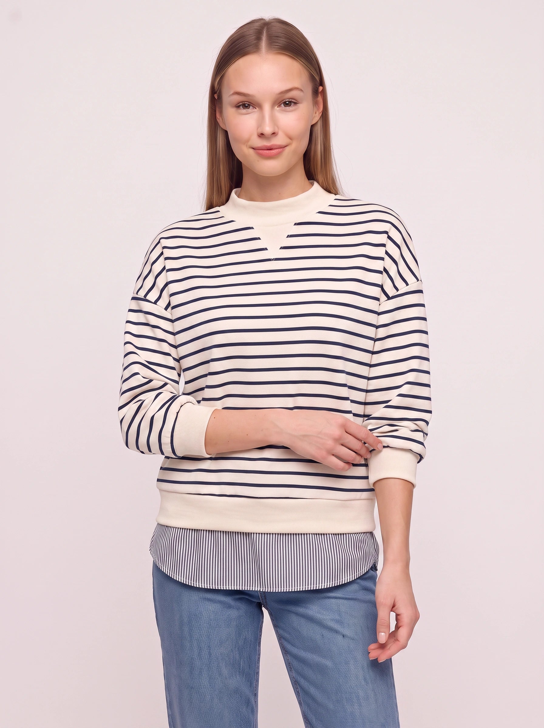 Marinesse Oversized Striped Sweatshirt – Mock Neck Layered Shirt Hem Women Casual Knit Long Sleeve Top