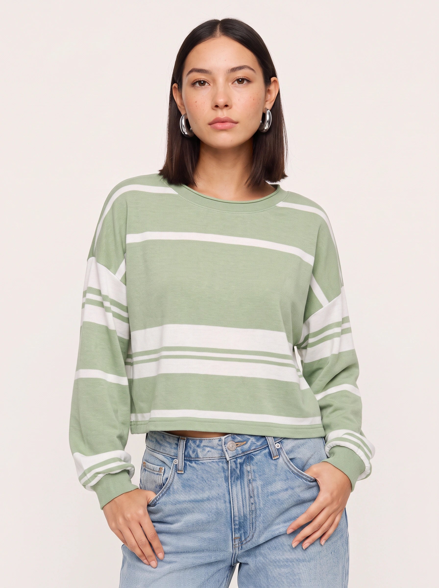 Linehart Striped Crew Neck Sweatshirt – Oversized Women Casual Loungewear Long Sleeve Pullover Top