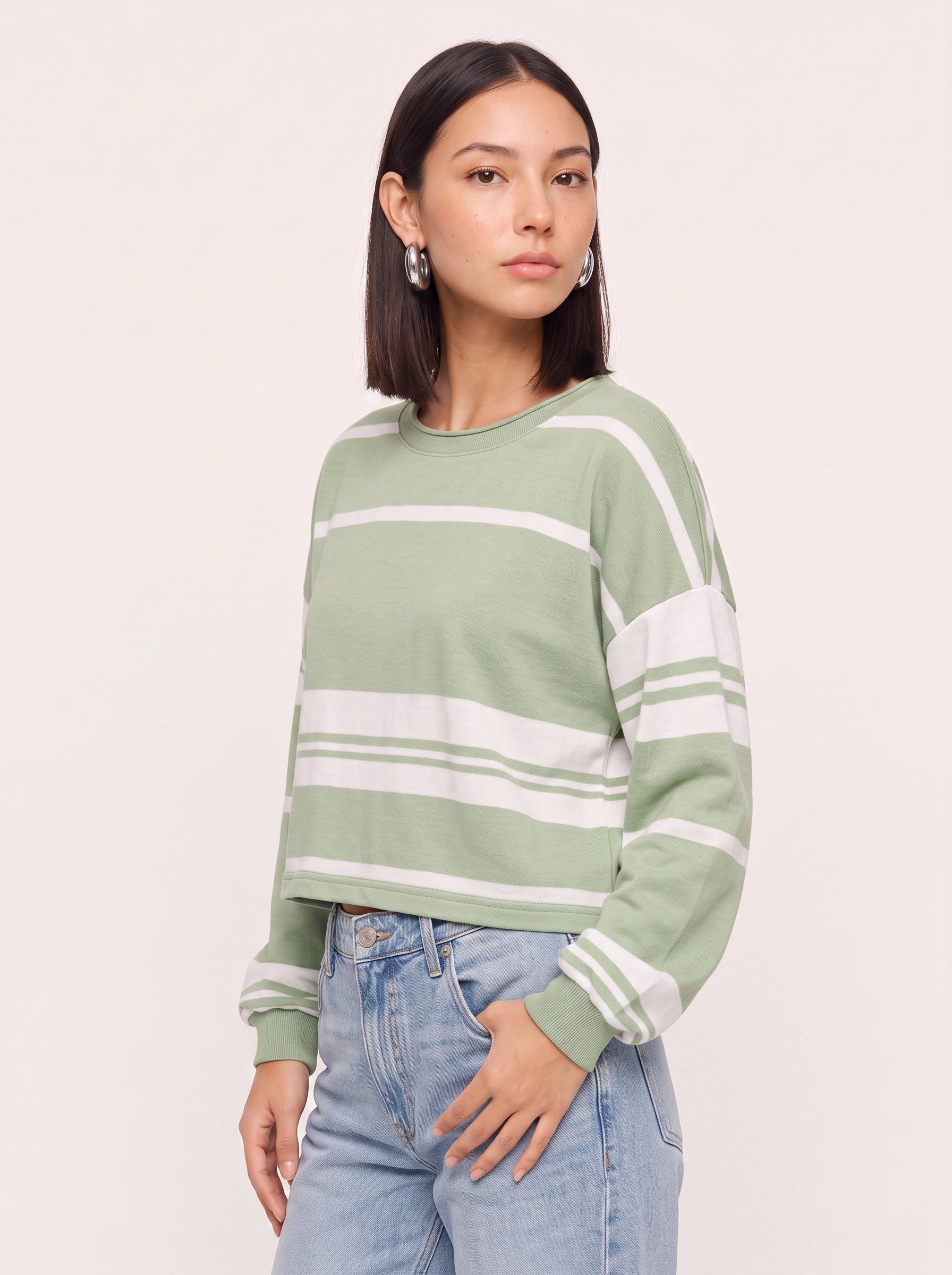 Linehart Striped Crew Neck Sweatshirt – Oversized Women Casual Loungewear Long Sleeve Pullover Top