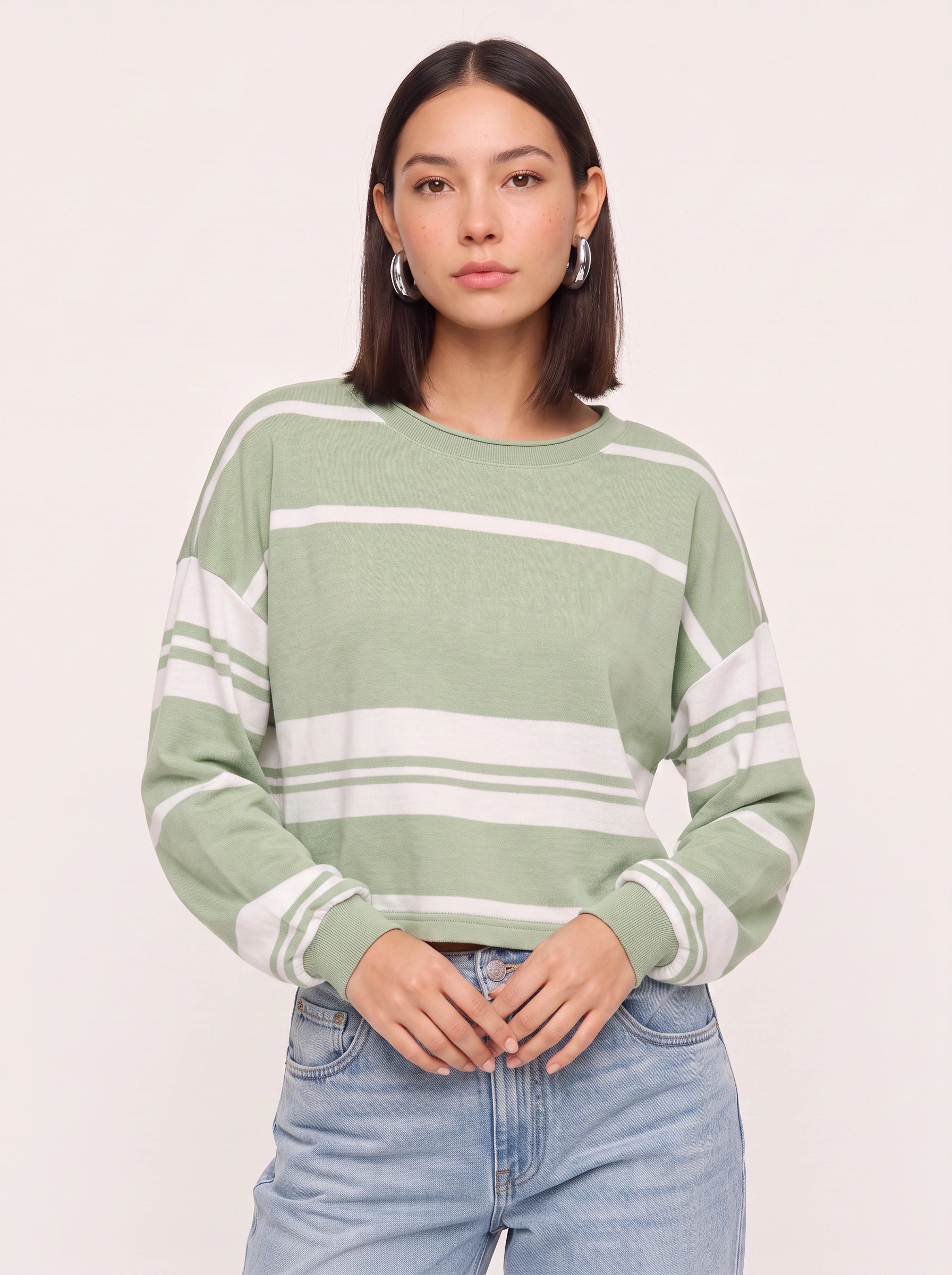 Linehart Striped Crew Neck Sweatshirt – Oversized Women Casual Loungewear Long Sleeve Pullover Top
