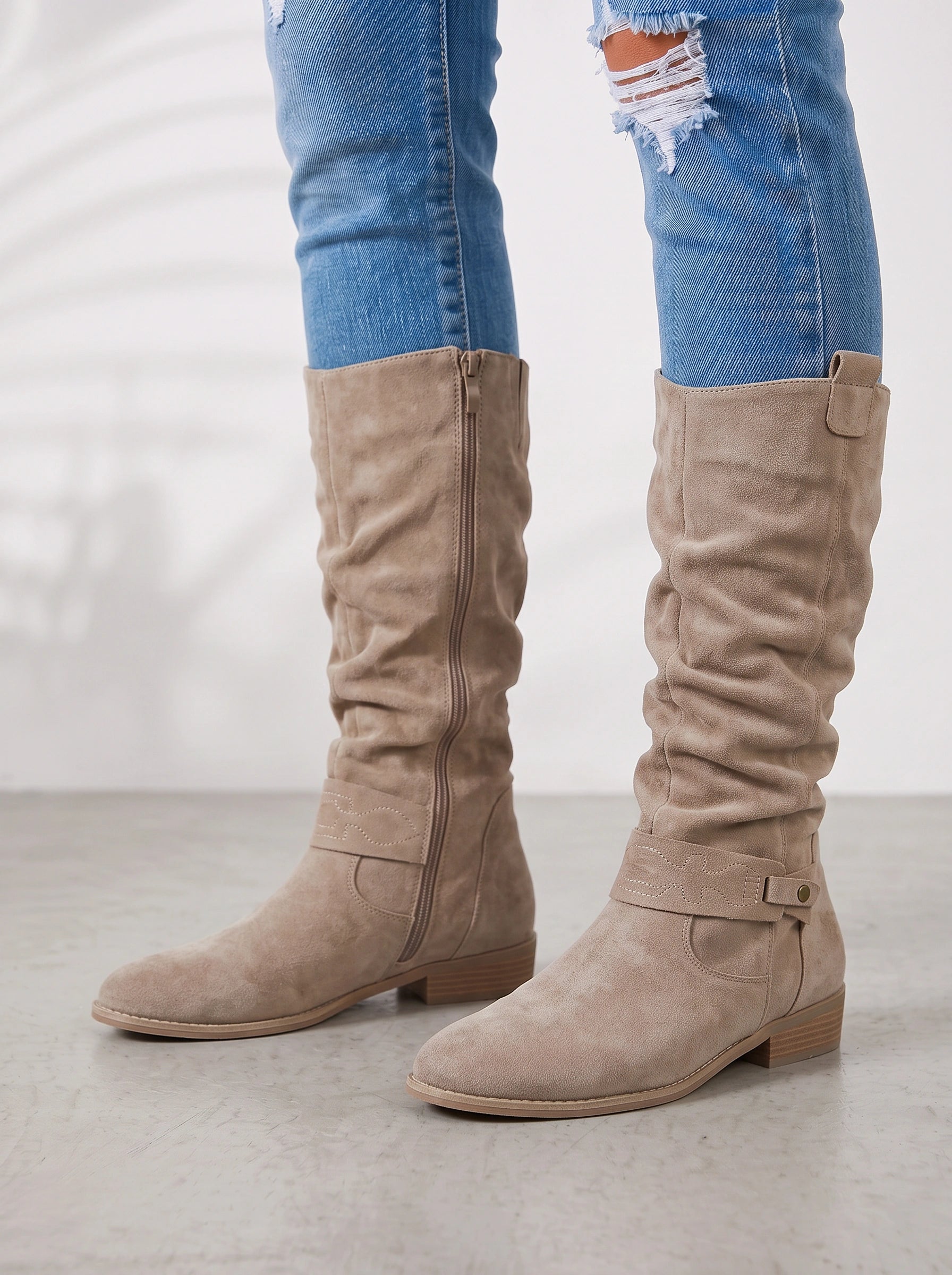 Talvera Slouch Knee High Boots – Women Western Cowgirl Ladies Suede Riding Casual Block Heel Boots