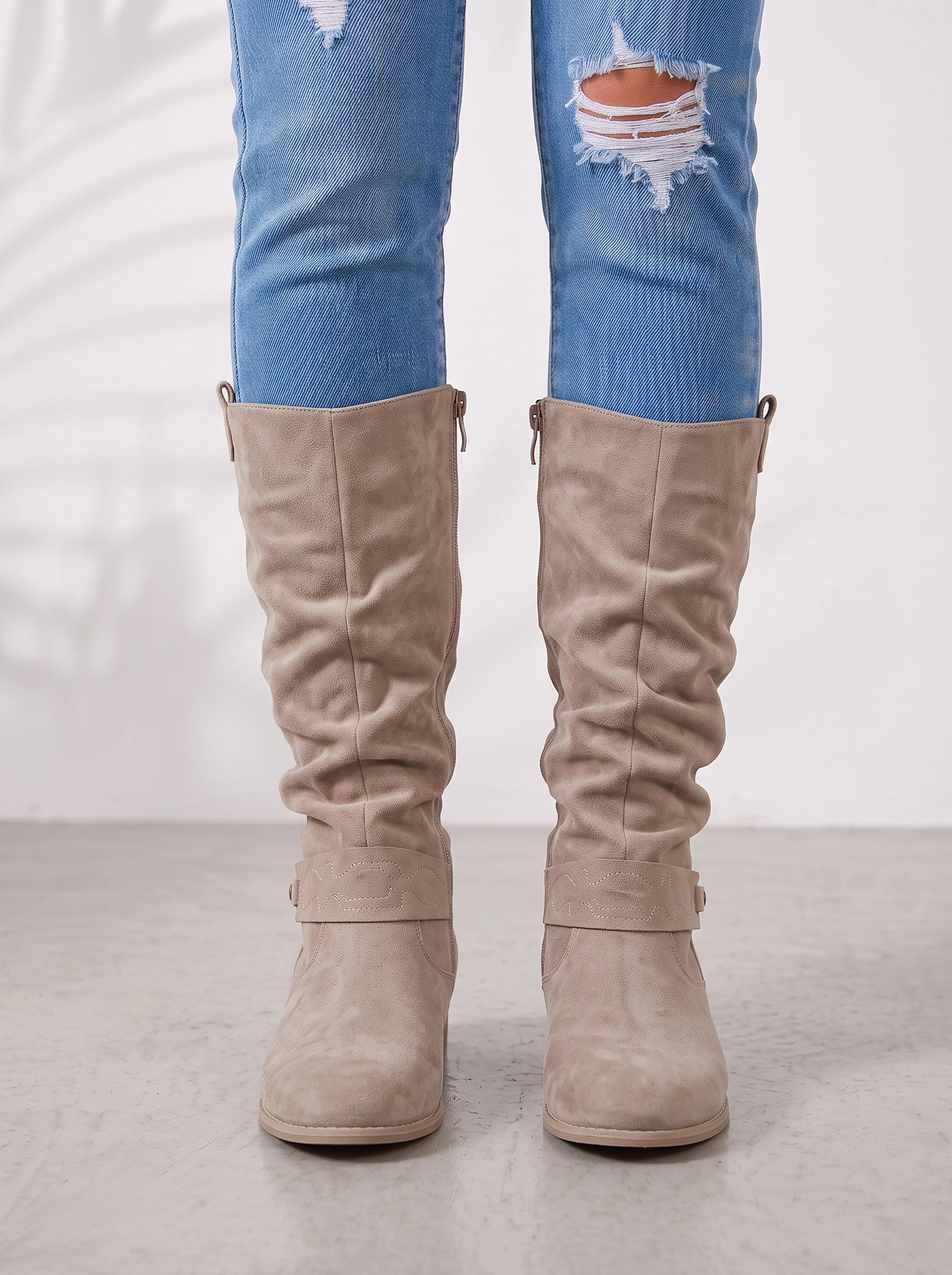 Talvera Slouch Knee High Boots – Women Western Cowgirl Ladies Suede Riding Casual Block Heel Boots