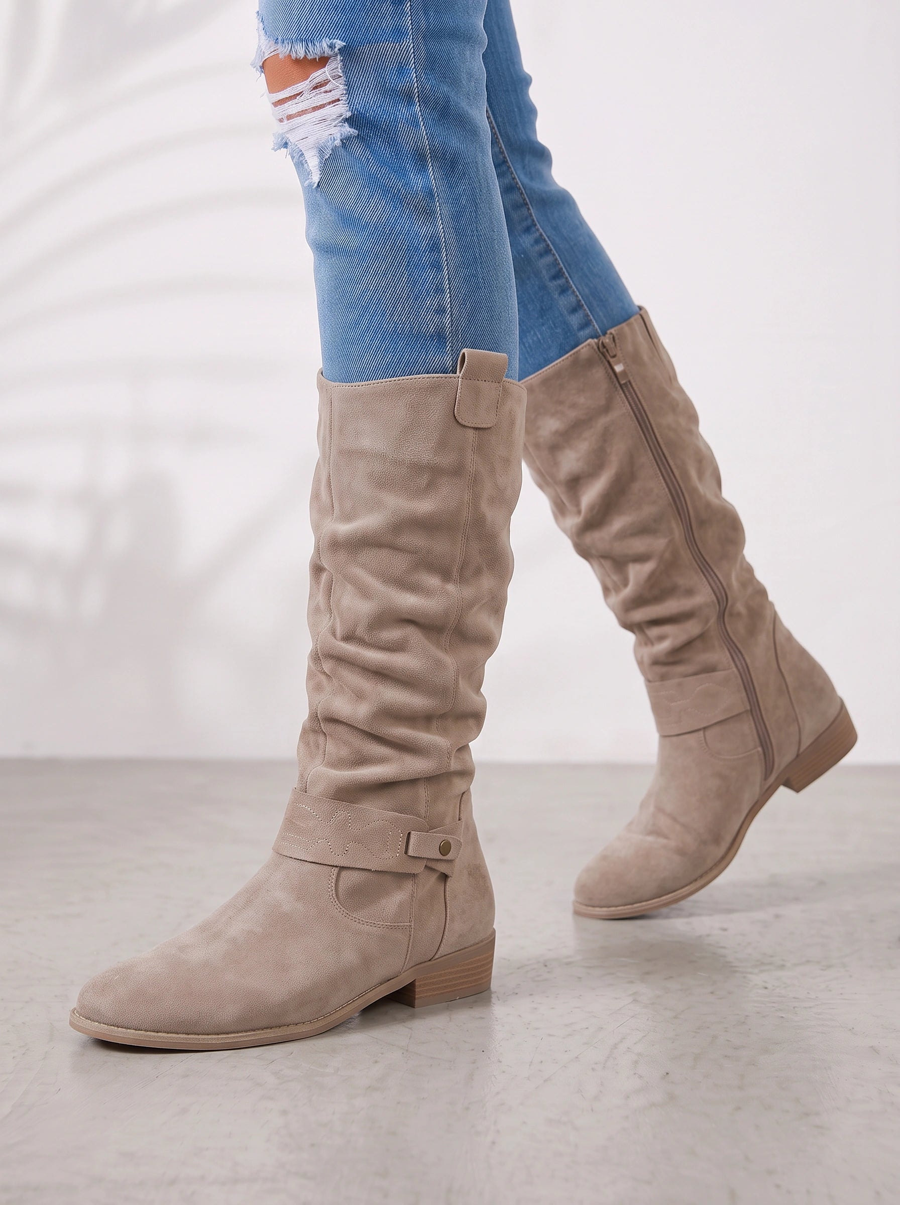 Talvera Slouch Knee High Boots – Women Western Cowgirl Ladies Suede Riding Casual Block Heel Boots