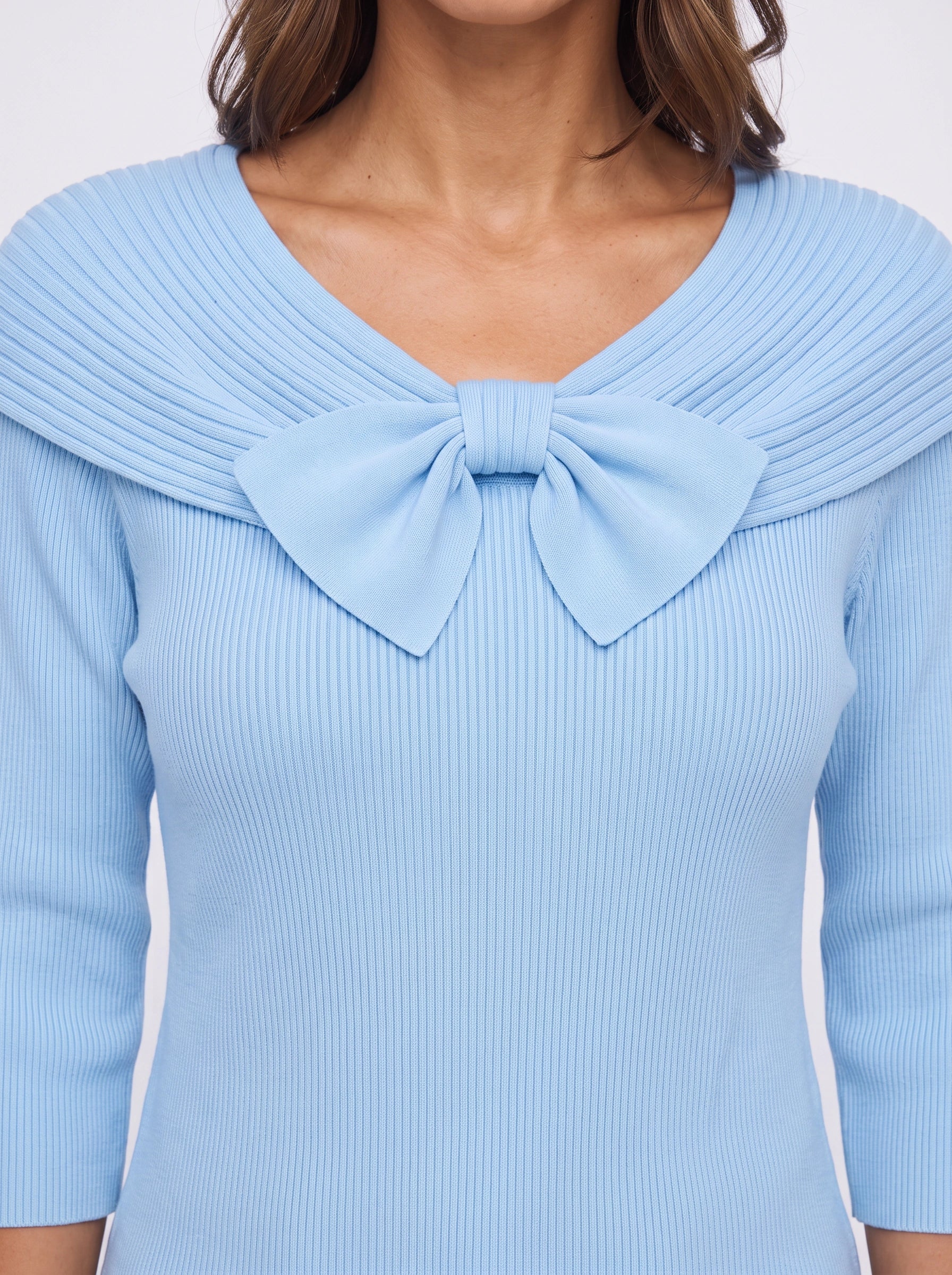 Fiocarra Ribbed Collar Bow Top – Women Knit Sweater Detachable Collar Three Quarter Sleeve Winter Top